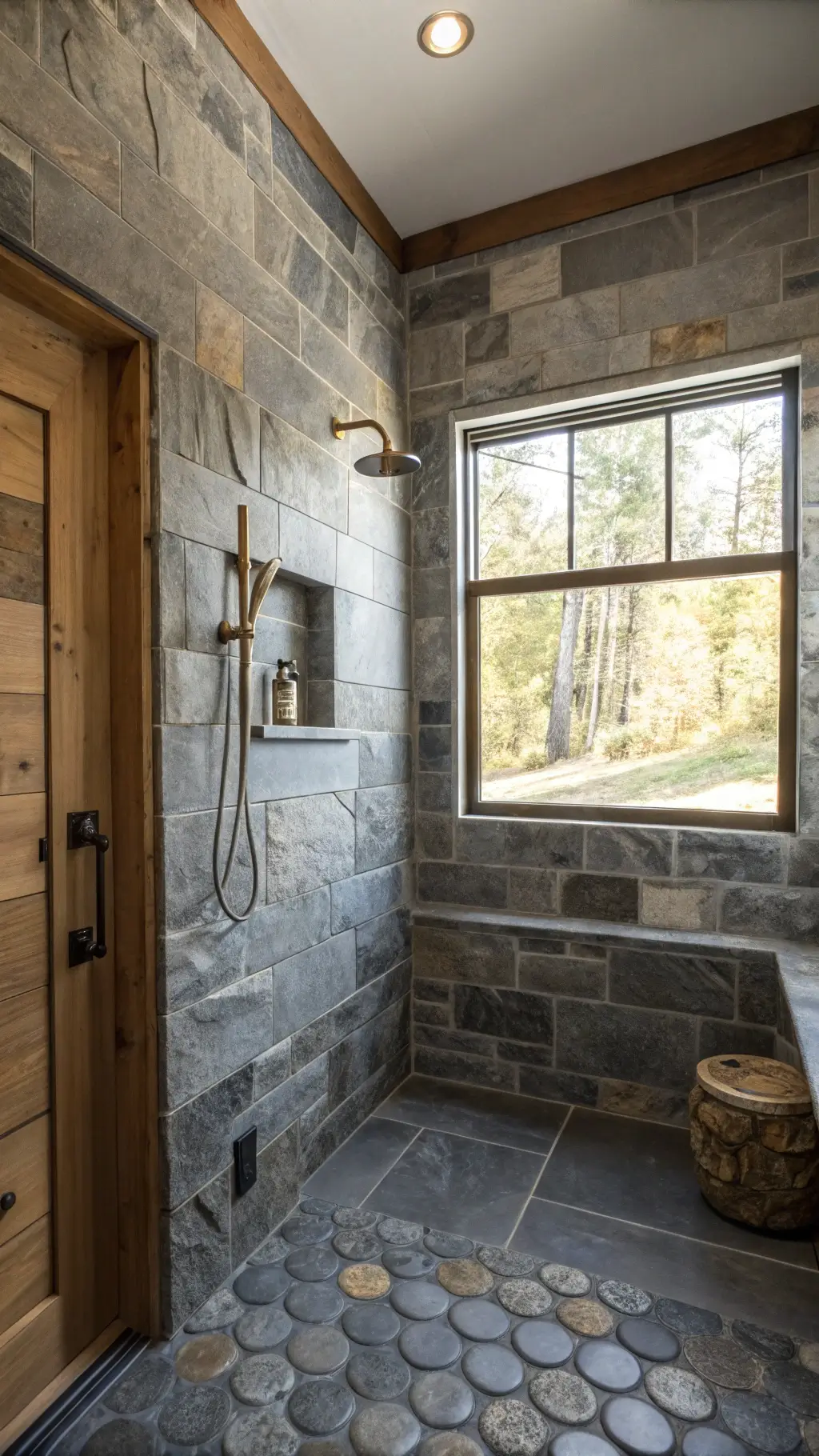 Compact shower room with gray marble walls, black slate floor with river rock pattern, reclaimed timber niche, pottery, and brass fixtures