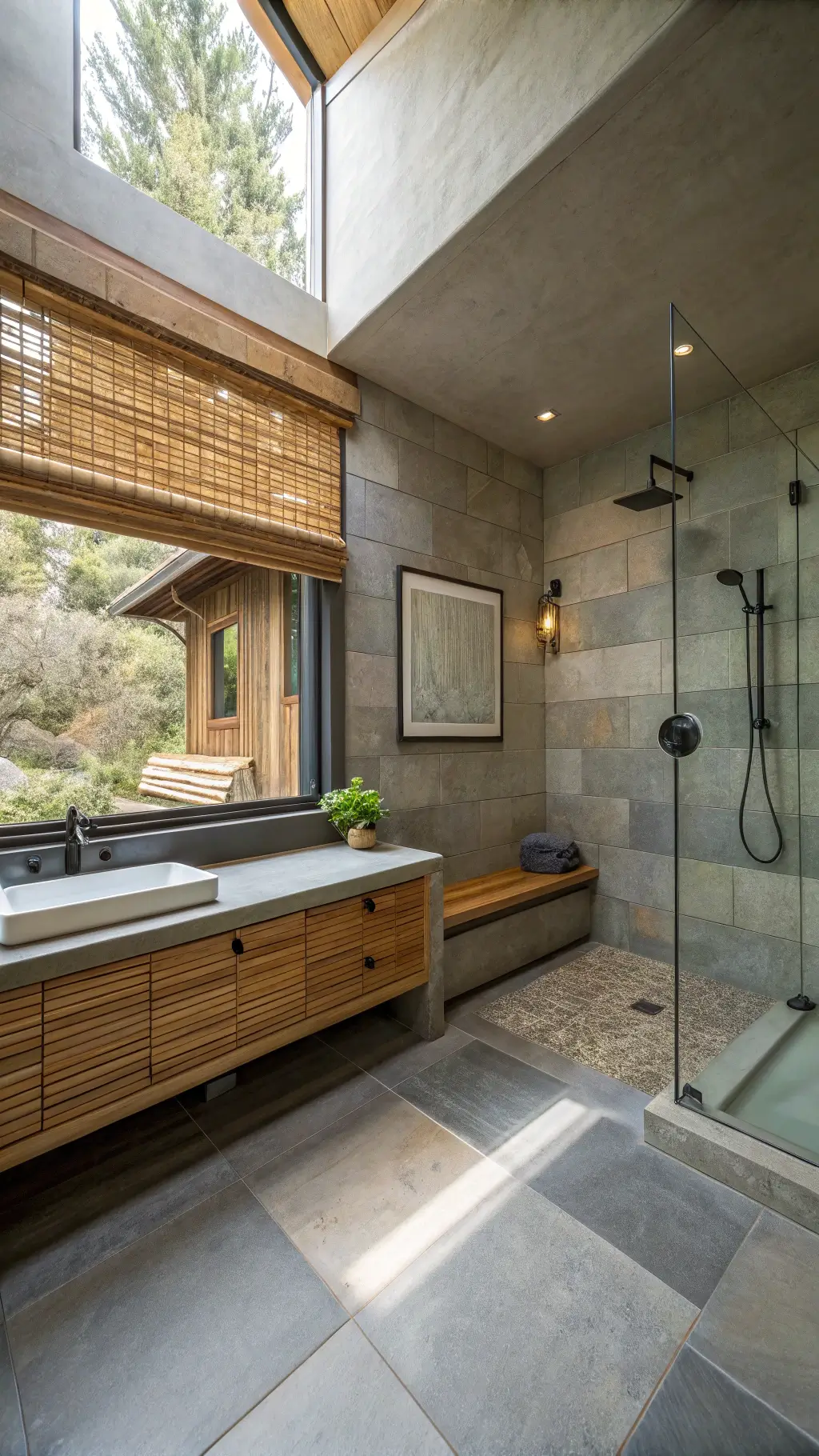 Zen-inspired rustic bathroom with granite walls, floating eucalyptus vanity, and matte black fixtures