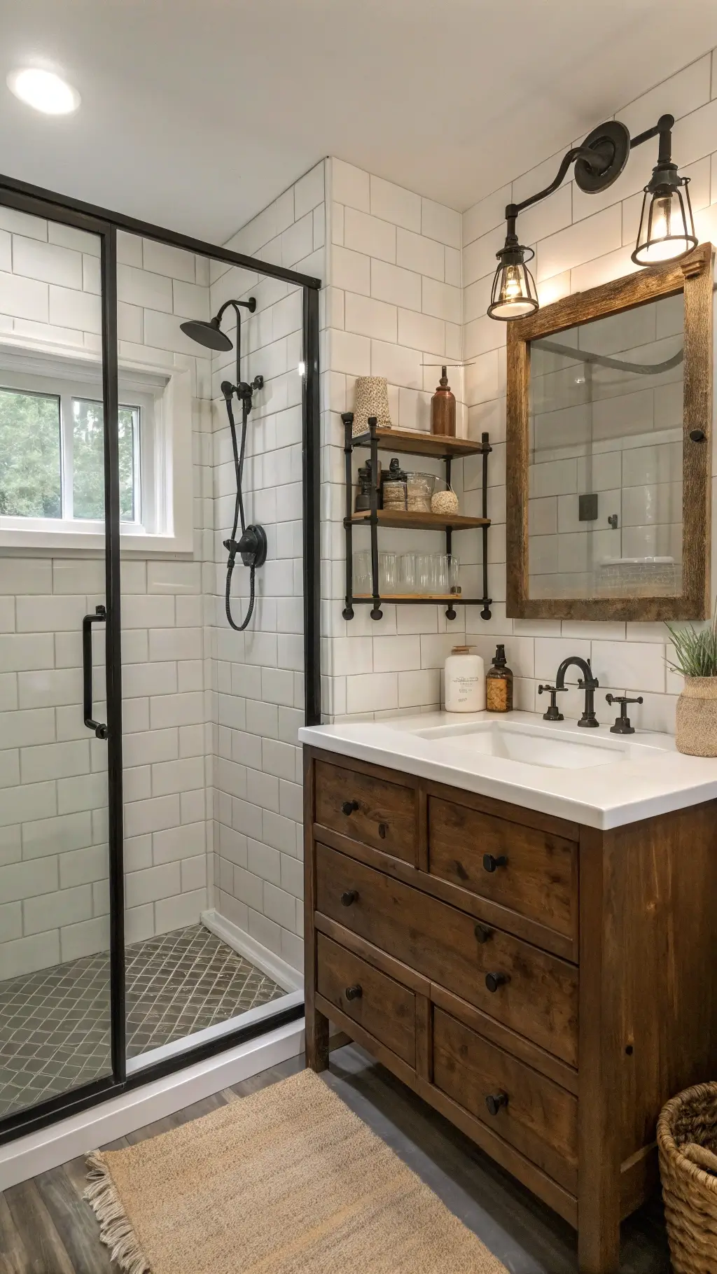Rustic bathroom with black steel-framed shower door, white subway tiles, reclaimed wood vanity with porcelain farmhouse sink, and vintage apothecary jars on wooden shelf.