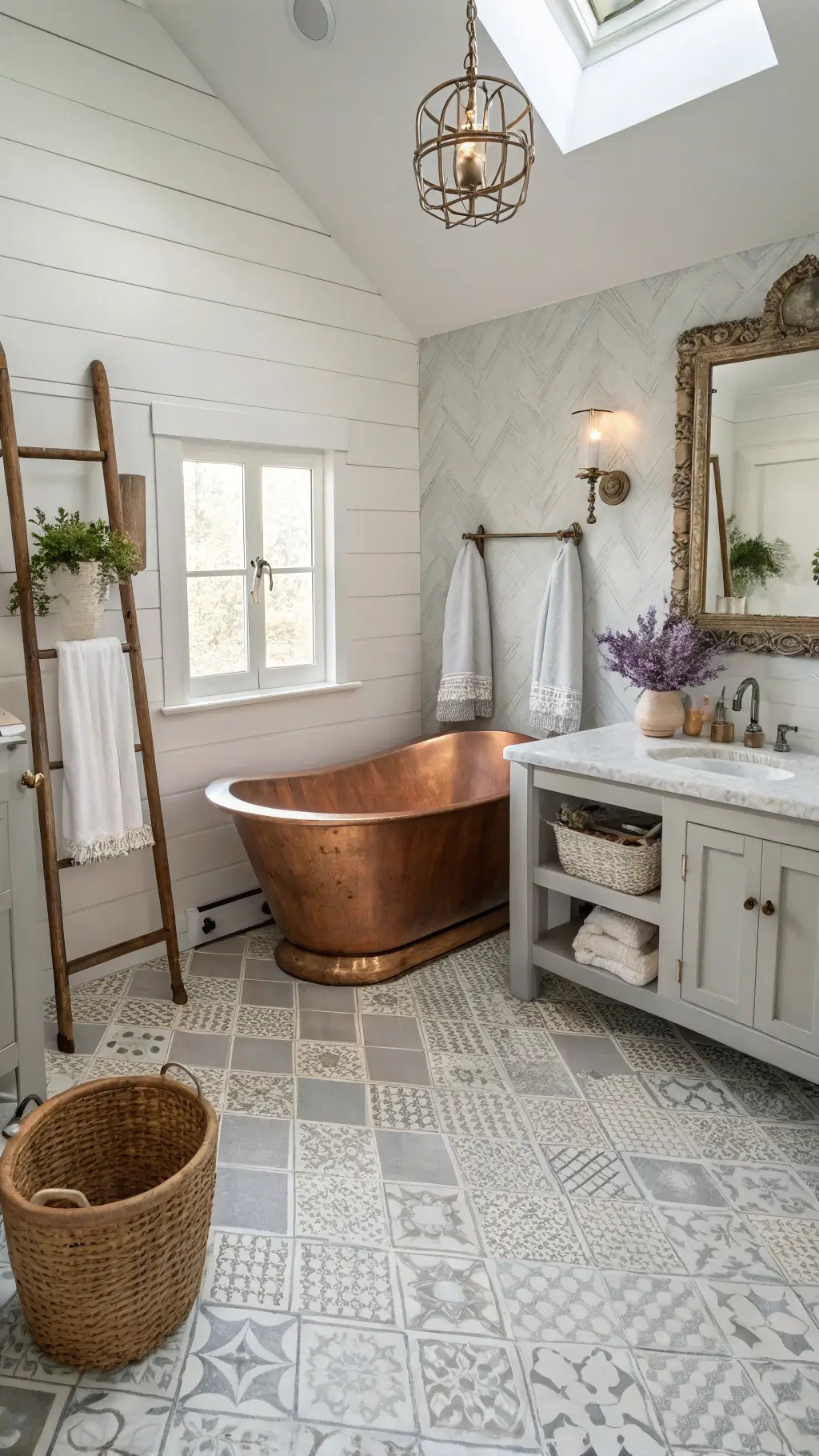 Overhead view of a spacious master bathroom with copper soaking tub, patterned cement tiles, distressed ladder with towels, whitewashed cabinet, carved wood mirror, marble-top vanity, mason jar sconces, potted lavender and wire baskets, under natural skylight illumination.