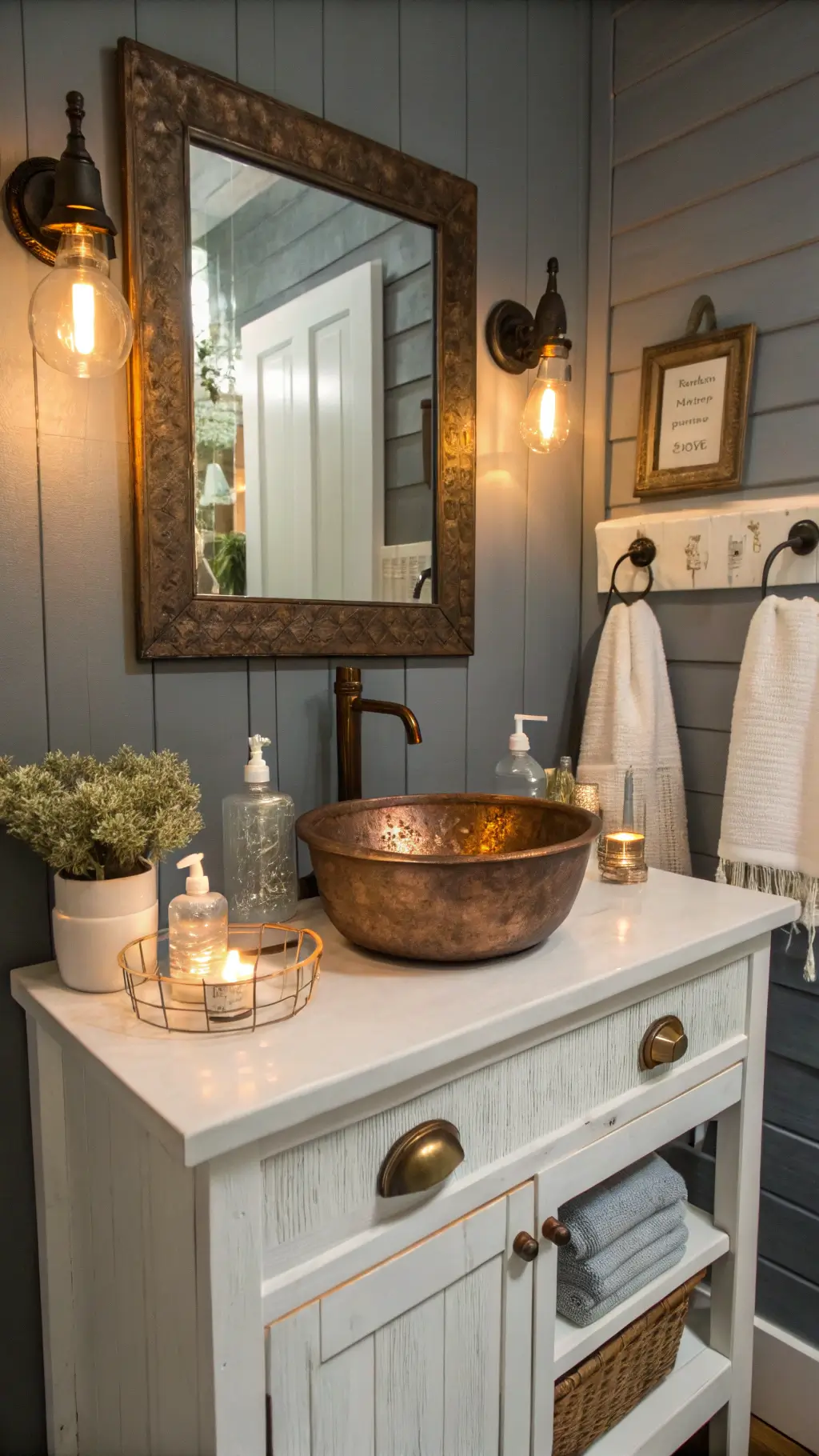 Intimate powder room with salvaged wooden vanity, copper vessel sink, vintage mirror, Edison bulb sconces and carefully curated accessories in moody blue hour lighting