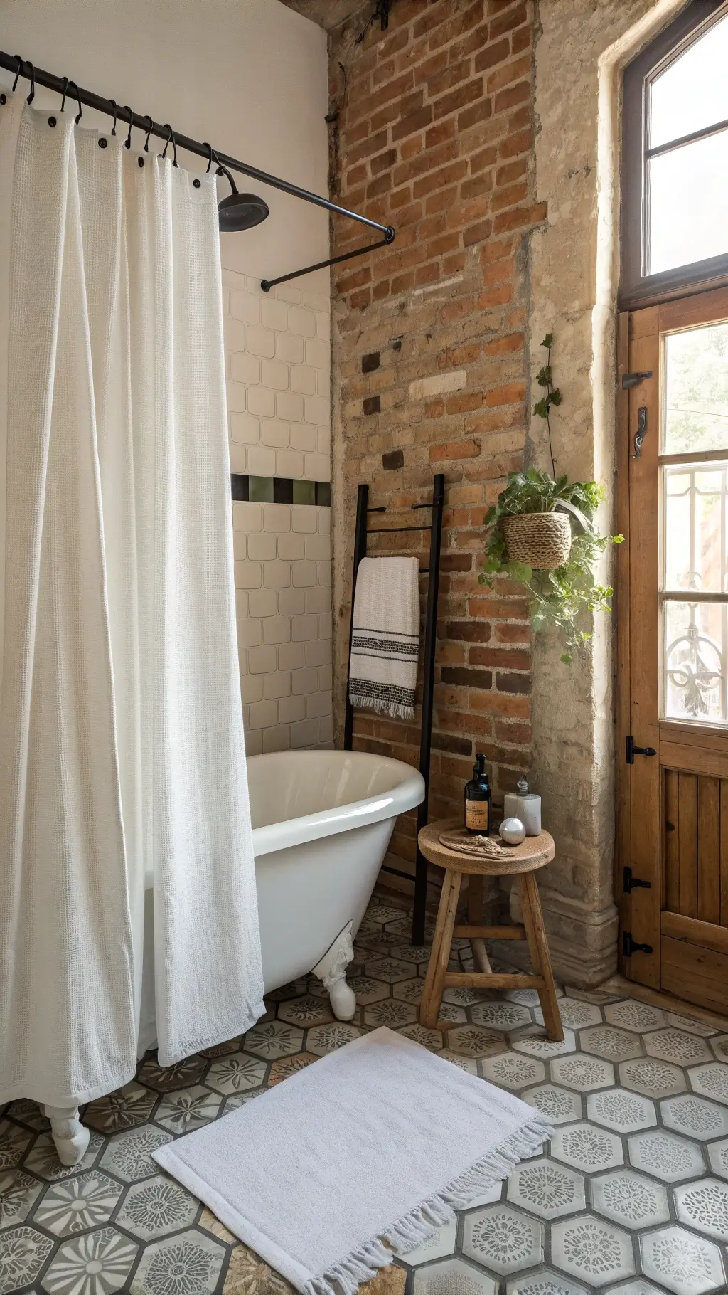 Vintage-inspired bathroom with clawfoot tub, white linen shower curtain, wooden stool with artisanal soaps, eucalyptus bundle, a colorful vintage rug, and a wire caddy with hand towels, set against a backdrop of exposed brick walls in morning light.
