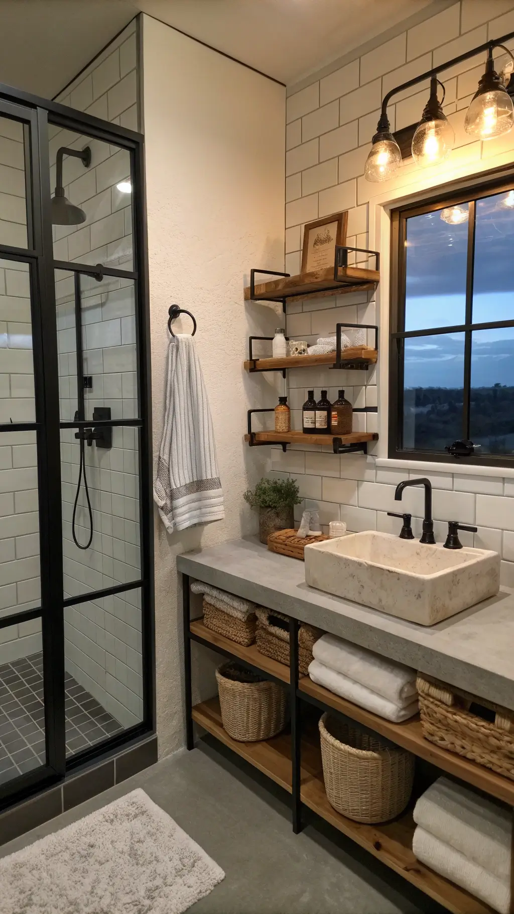 Dusk view of a modern farmhouse bathroom featuring black steel-framed shower, white subway tile walls, raw edge wooden shelves, industrial pipe towel bars, concrete countertop with sink, and monochromatic palette illuminated by moody evening light and accent lighting