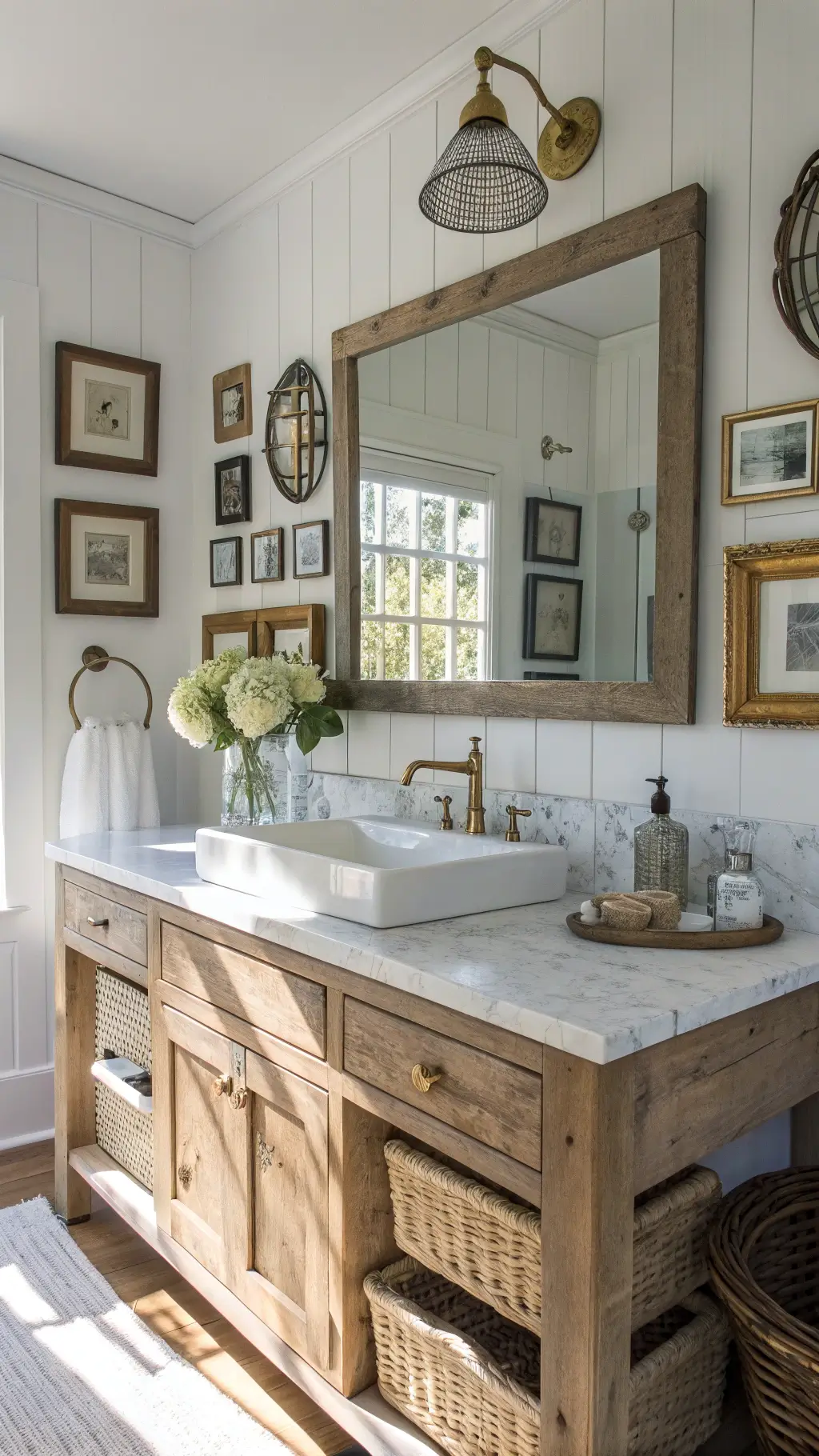Bright bathroom with reclaimed barn door vanity, marble countertop, white porcelain farmhouse sink, vintage mirror gallery wall, woven pendant light, styled cart with mason jars and fresh hydrangeas