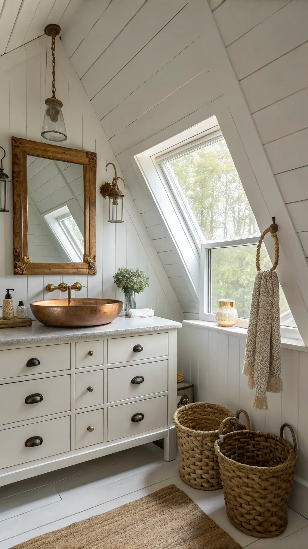 Cozy attic bathroom with vintage vanity, copper sink, brass hardware, rope-wrapped mirror, and wall-mounted glass sconces under a white shiplap ceiling bathed in soft morning light.