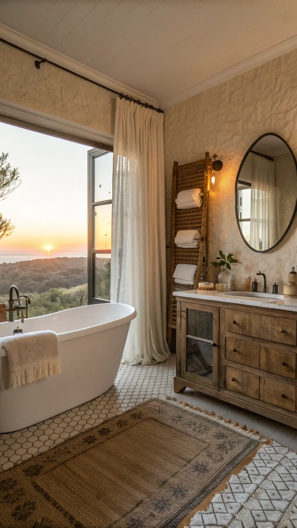 Freestanding tub beneath a window with linen curtains, reclaimed wood cabinet with towels, oversized mirror reflecting light on grasscloth walls, handwoven rug on limestone floor in a serene spa-like bathroom at sunset.