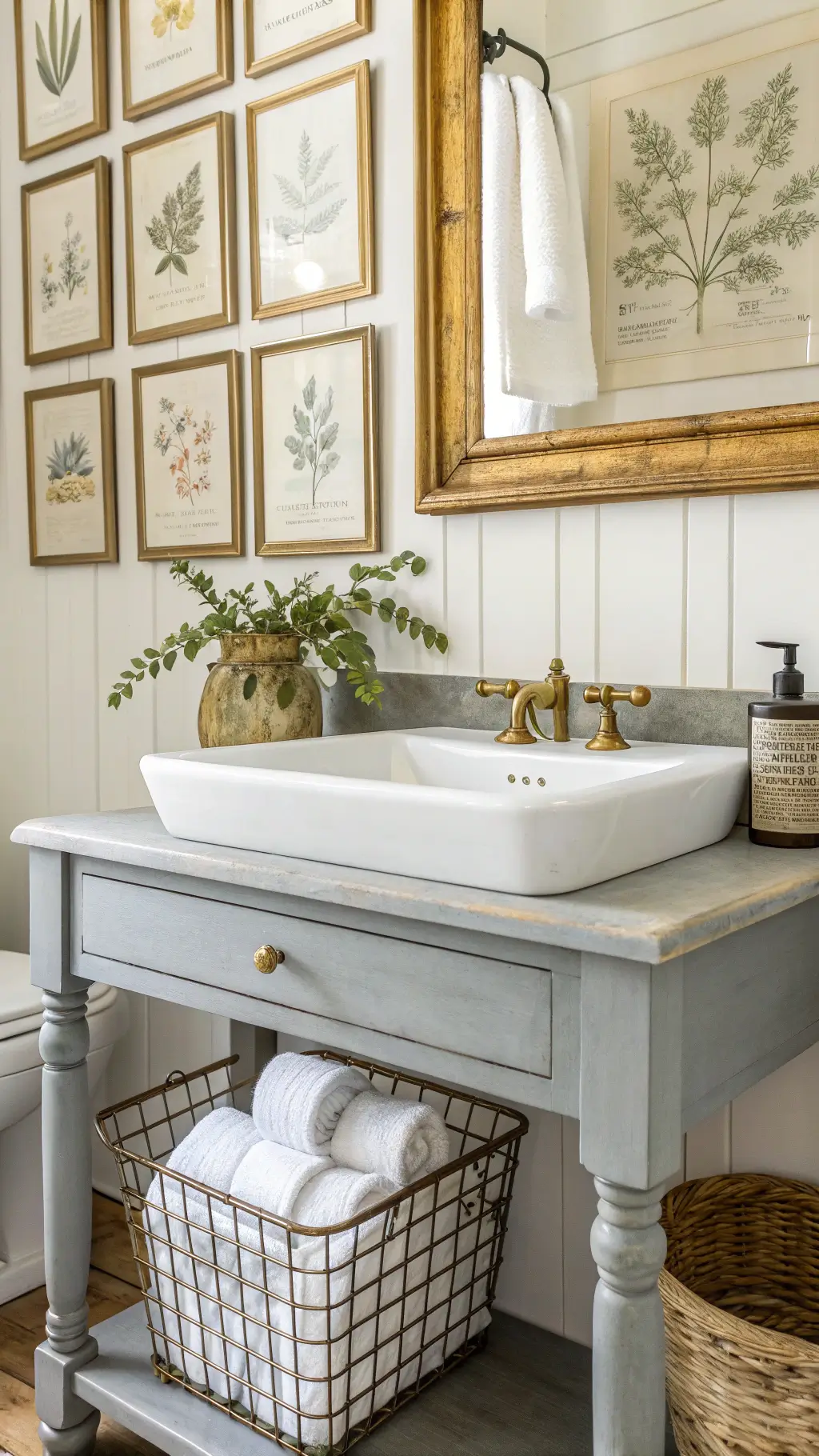 Elegant powder room with an antique gray washstand, white porcelain sink, brass faucet, gallery of botanical prints, and a wire basket of hand towels in bright morning light.