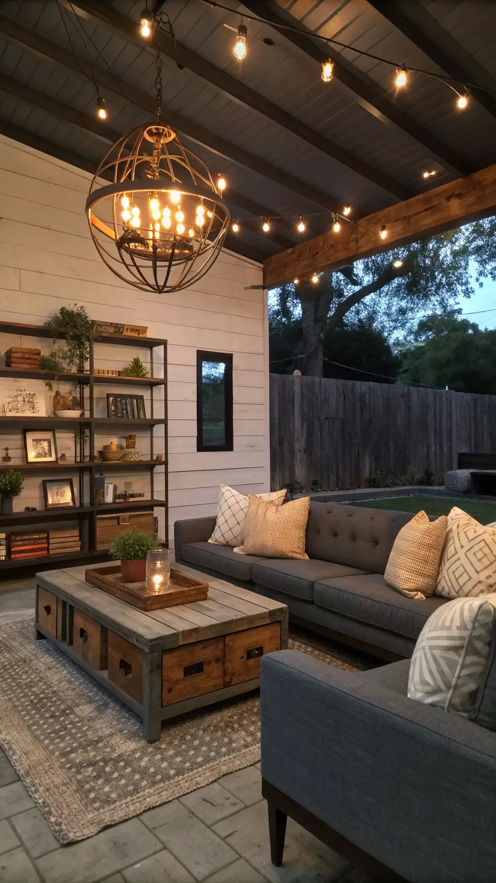 Cozy 15x18ft living space at dusk with industrial farmhouse chandelier illuminating a gray sectional with cream pillows, barnwood feature wall with vintage books and pottery on floating shelves, distressed wood coffee table and metal accents.