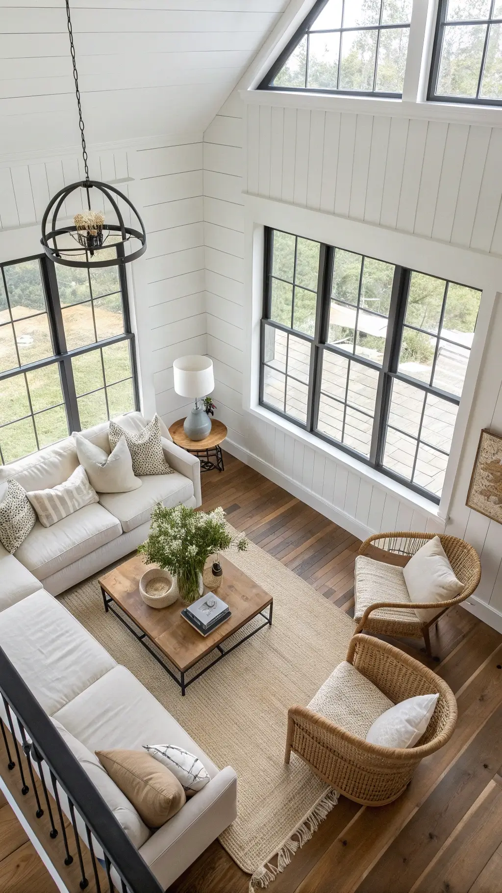 Bright, spacious corner living room with white shiplap walls, honey-toned hardwood floors, oversized window, beige linen sofa, spindle-back chairs, and wooden coffee table, styled with vintage accessories and fresh hydrangeas; shot from above.