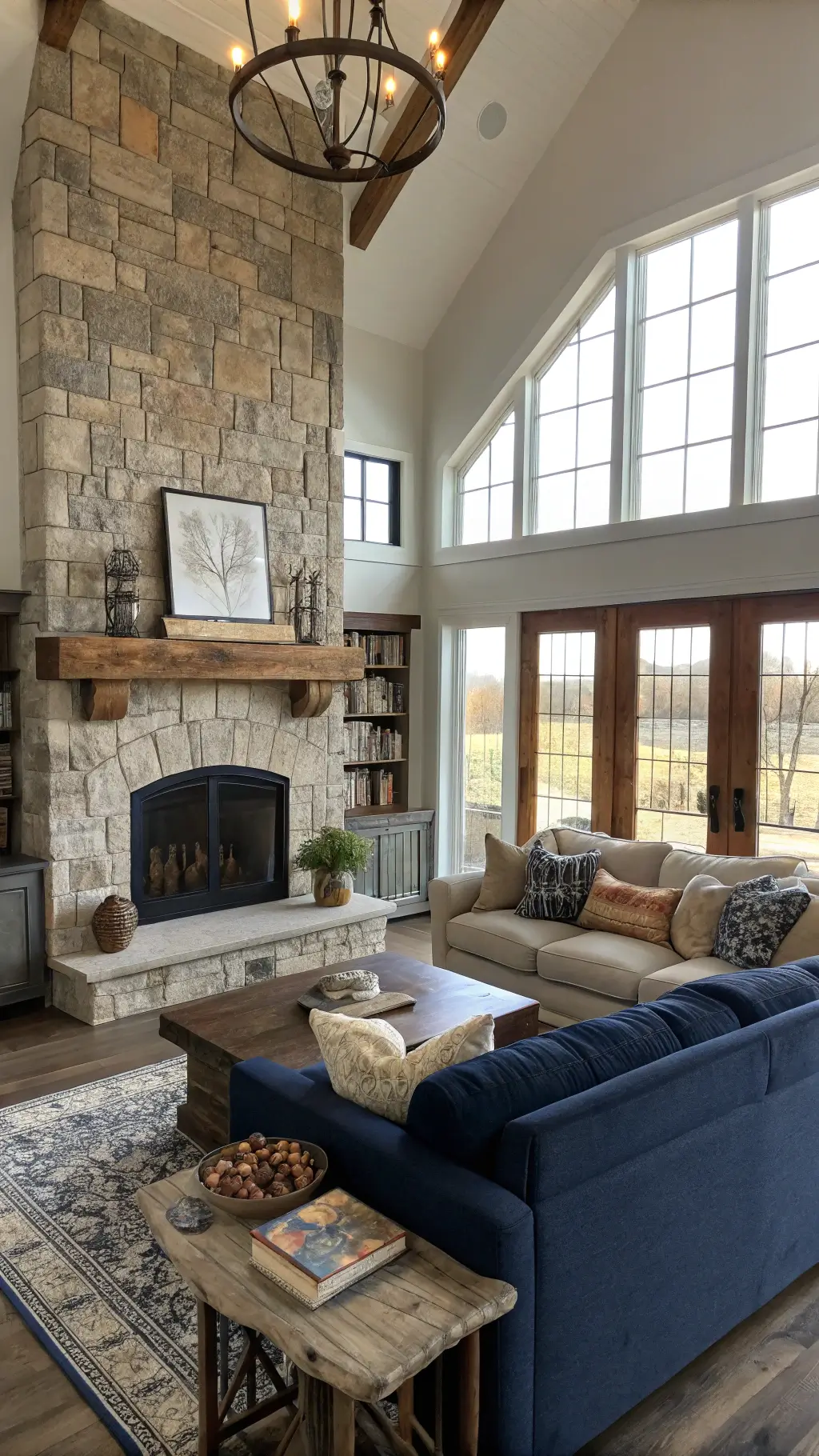 Spacious open concept great room featuring two-story stone fireplace, slate blue sectional sofa, oversized industrial coffee table, sliding barn doors and cathedral windows in afternoon light.
