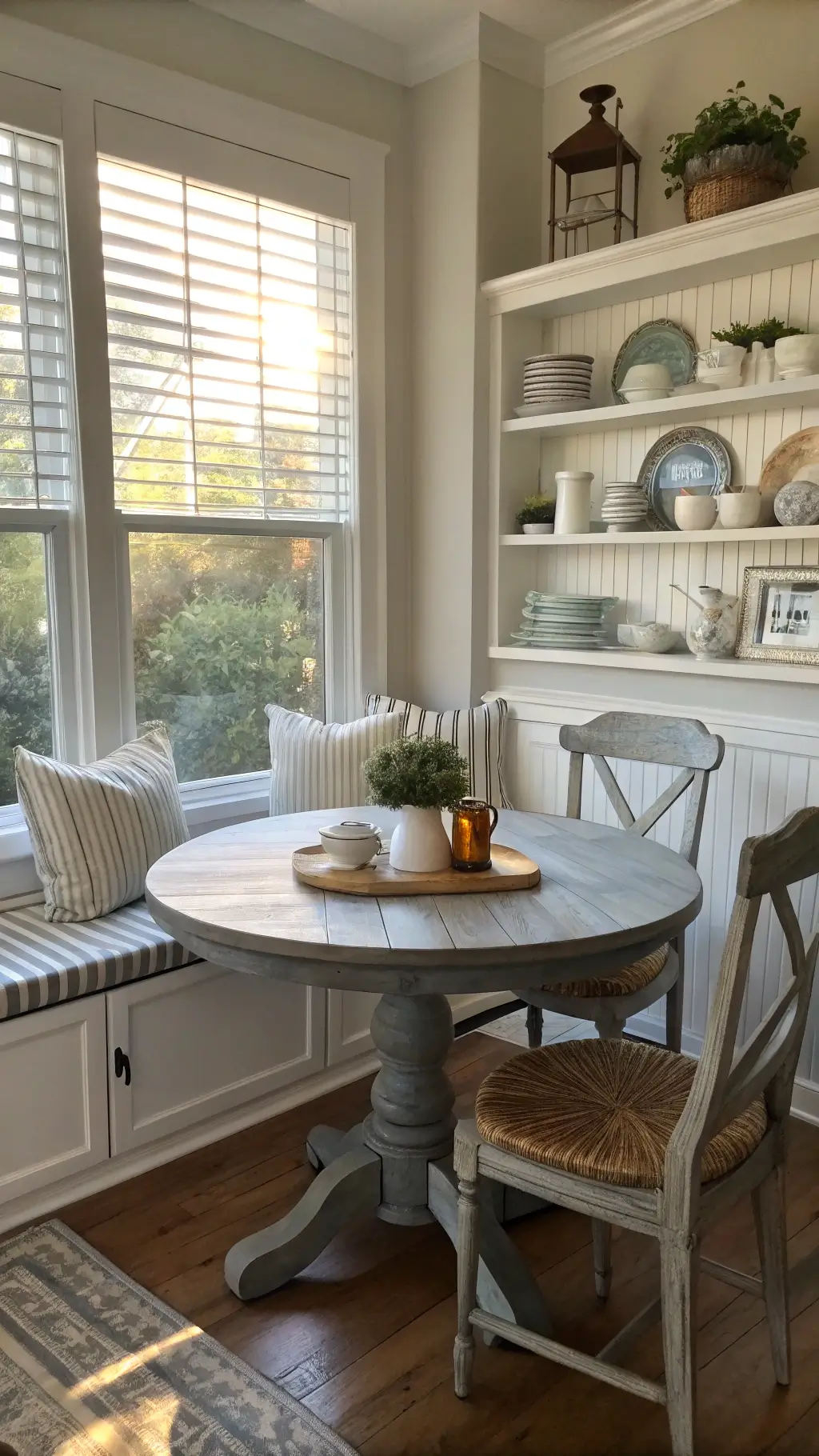Sunrise illuminating a rustic breakfast nook with a gray table, Windsor chairs, striped bench seating, and a bay window with white blinds. White ironstone and copper vessels line the open shelves and fresh eucalyptus rests in a vintage pitcher.