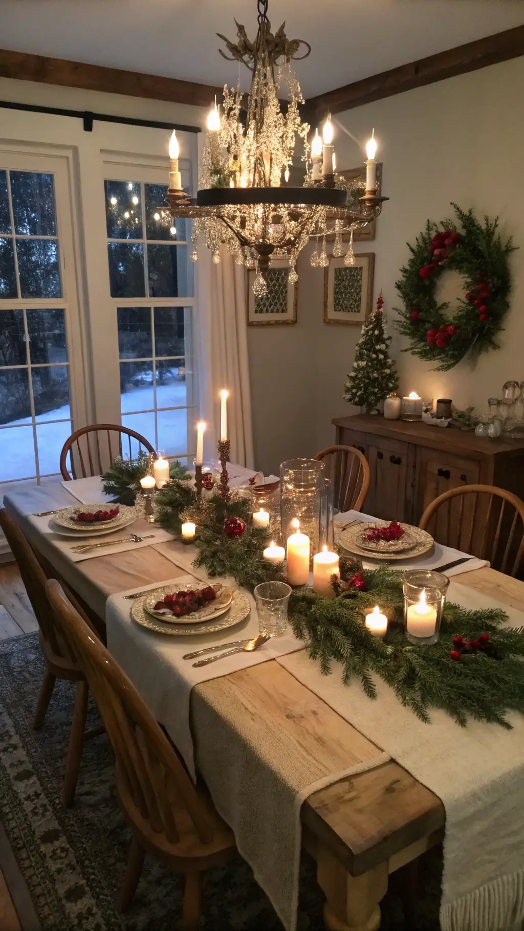 Intimate dining room at dusk with farmhouse table, birch branch centerpieces in antique copper vessels, mismatched vintage chairs, faux fur throws, and frost-kissed evergreen wreaths on windows