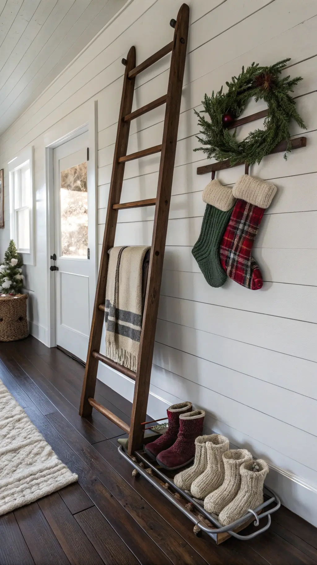 Cozy entryway with whitewashed shiplap walls, dark hardwood floors, vintage ladder with hand-knit stockings, galvanized metal boot tray, pine branches, antique sled, and plaid blanket in soft morning light