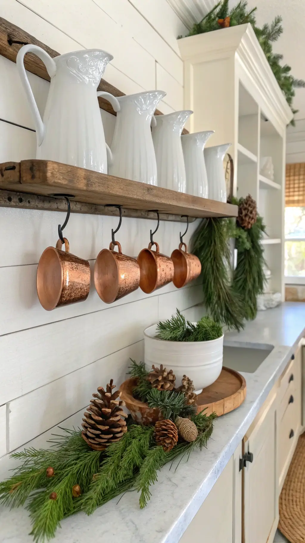 Rustic kitchen shelf with white ironstone pitchers, fresh greenery, pinecones, hanging copper mugs, and cedar garland around farmhouse sink