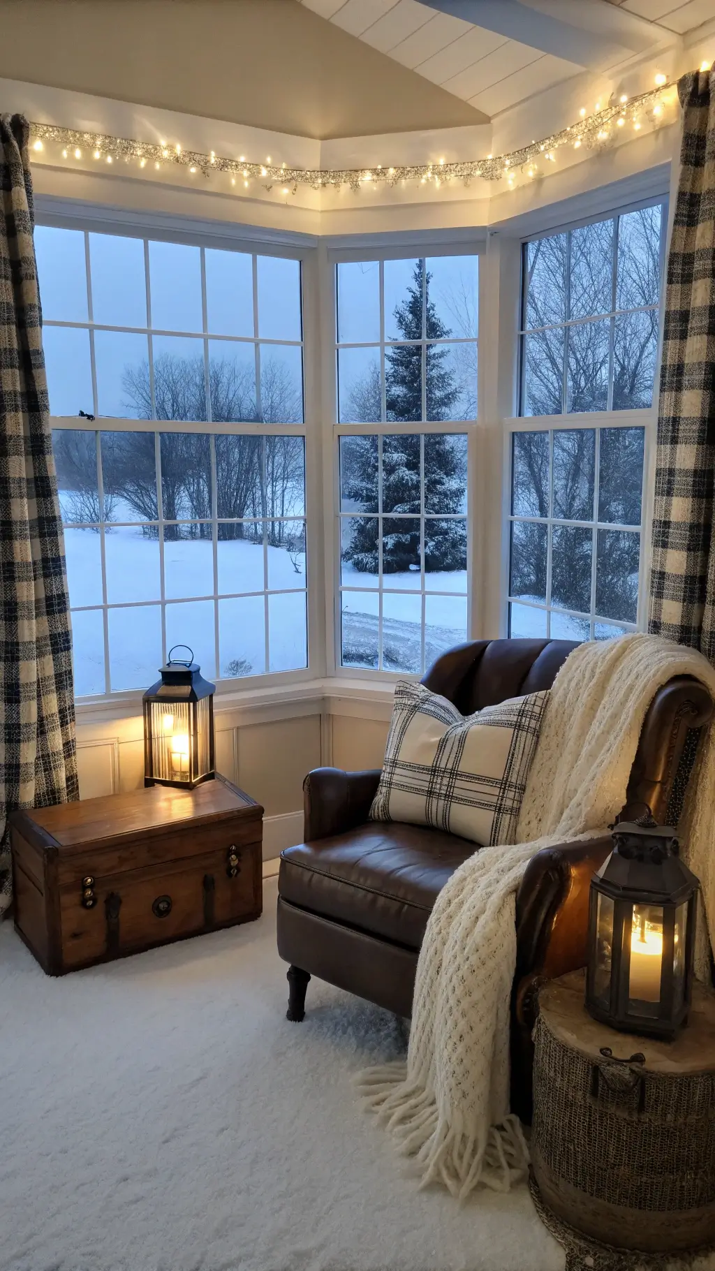 Cozy master bedroom alcove at twilight with snow outside, leather chair, faux fur pillows, antique trunk side table, oil lantern, vintage books, and twinkling mercury glass lights