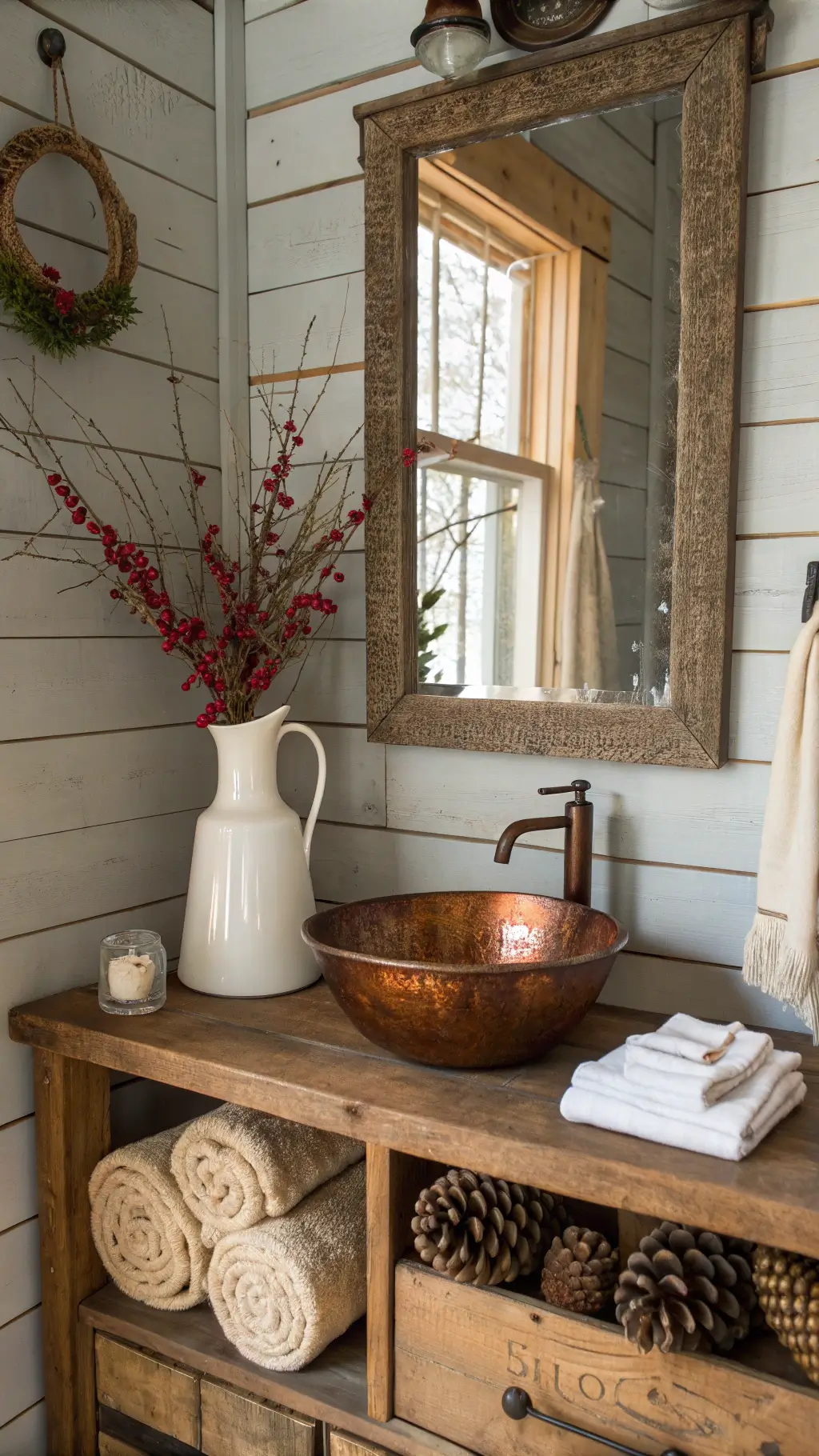 Vintage copper wash basin on reclaimed wood vanity in powder room with rope shelf, burlap towels, and pine cone potpourri in morning light