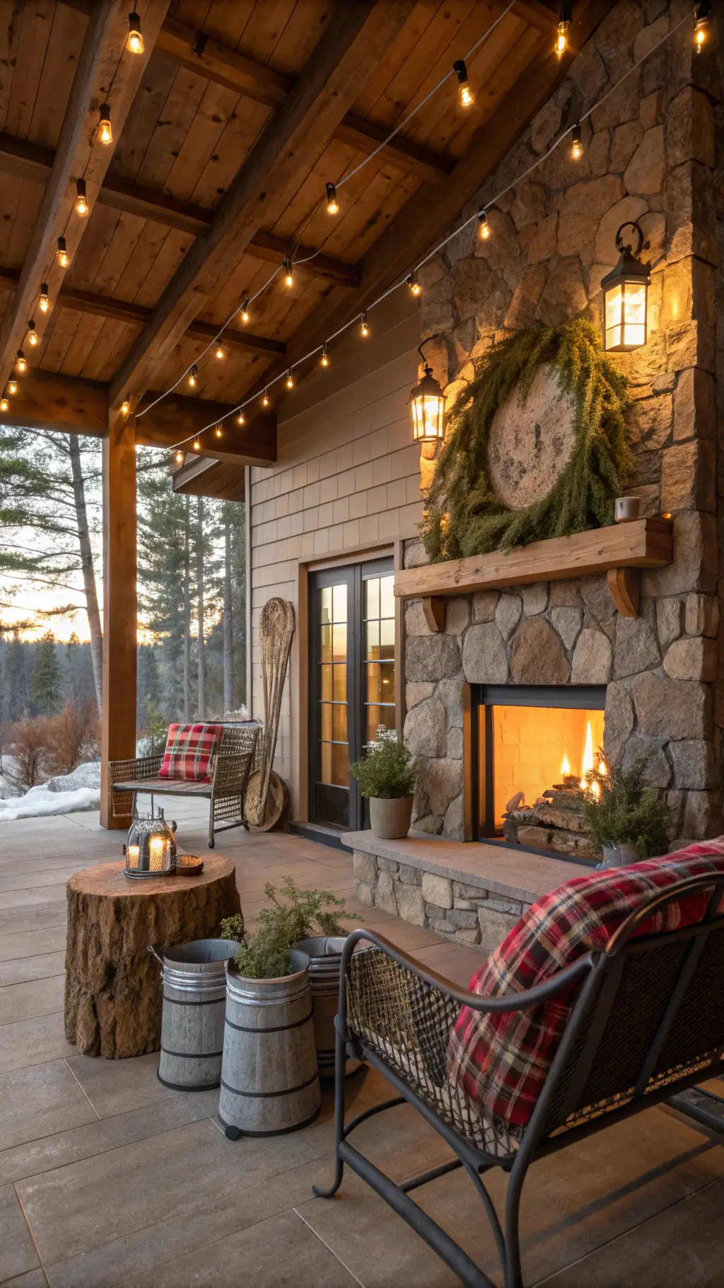 Rustic covered porch with wooden beams, cafe lights, vintage glider, stone fireplace, antique ski wall art, and fresh evergreens in galvanized buckets at sunset