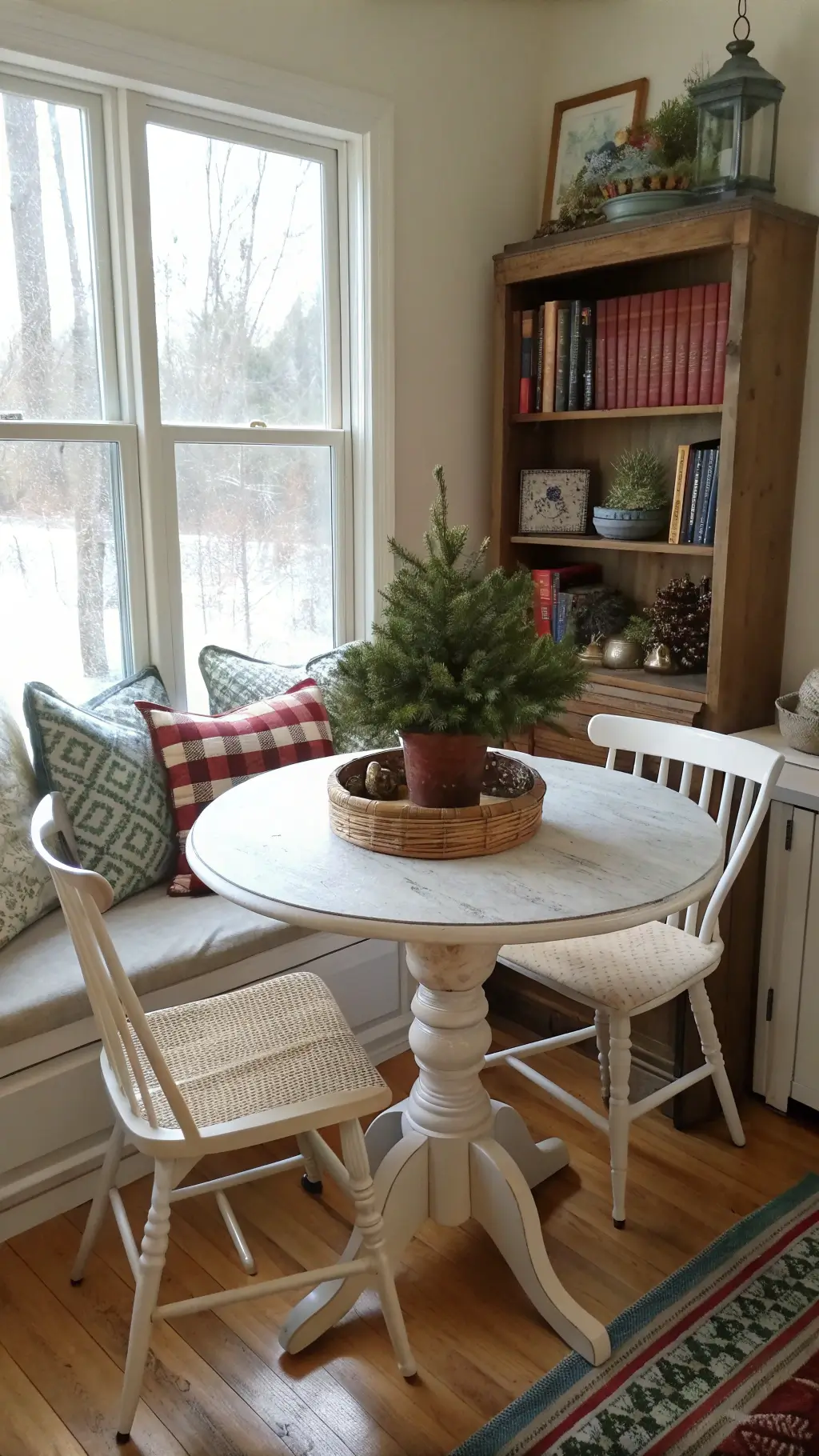 Cozy breakfast nook with distressed white table, evergreen centerpiece, Windsor chairs, sheepskin throws, cabin-style pillows, wooden crate bookshelf with vintage Christmas books and ornaments, lit by soft dawn light