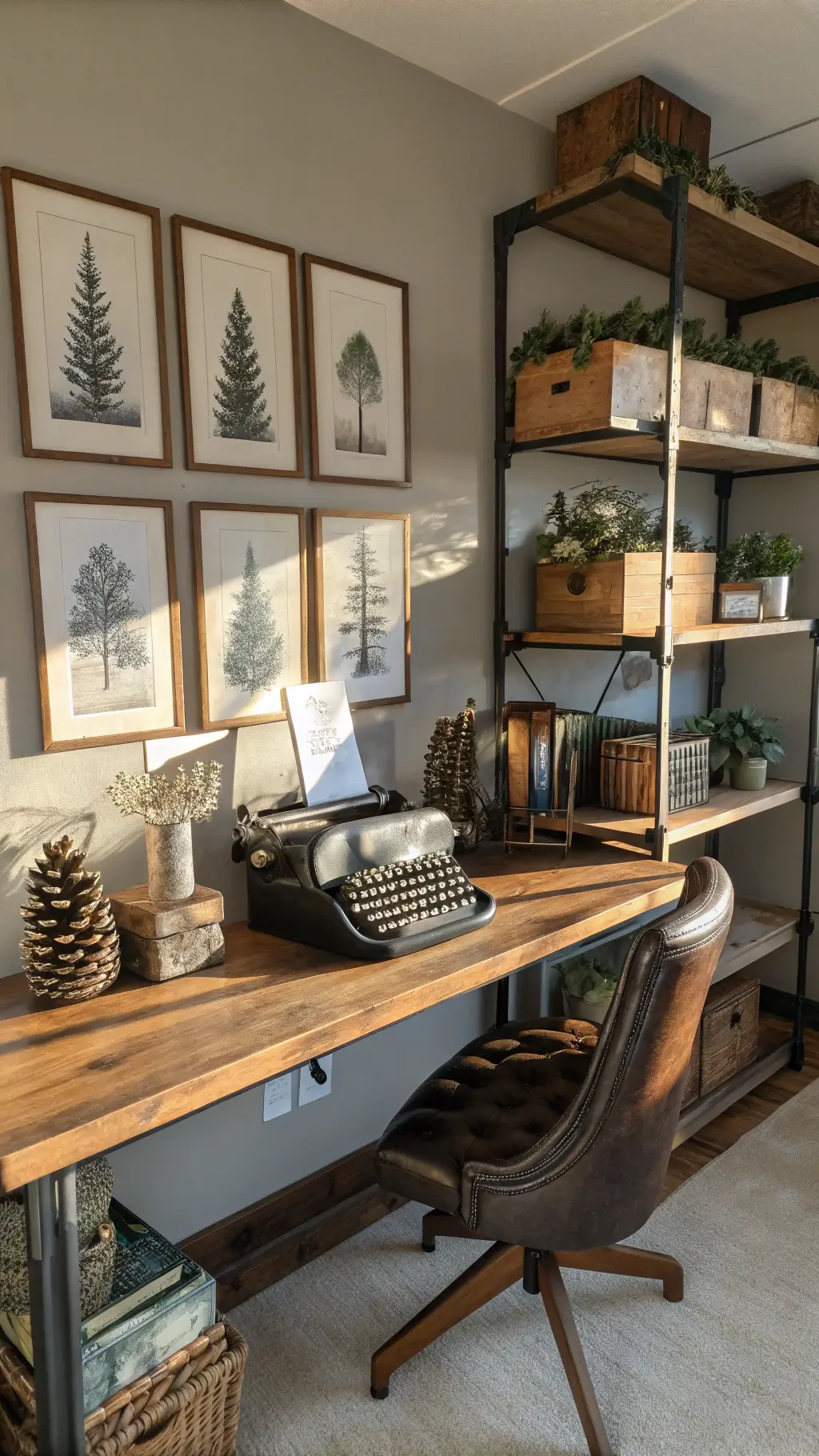 Vintage-inspired home office with industrial pipe shelving, vintage typewriter, mercury glass trees, pinecone garland, leather chair, reclaimed wood desk with cedar swag, botanical prints, and ski lodge signs in weathered frames bathed in warm amber light