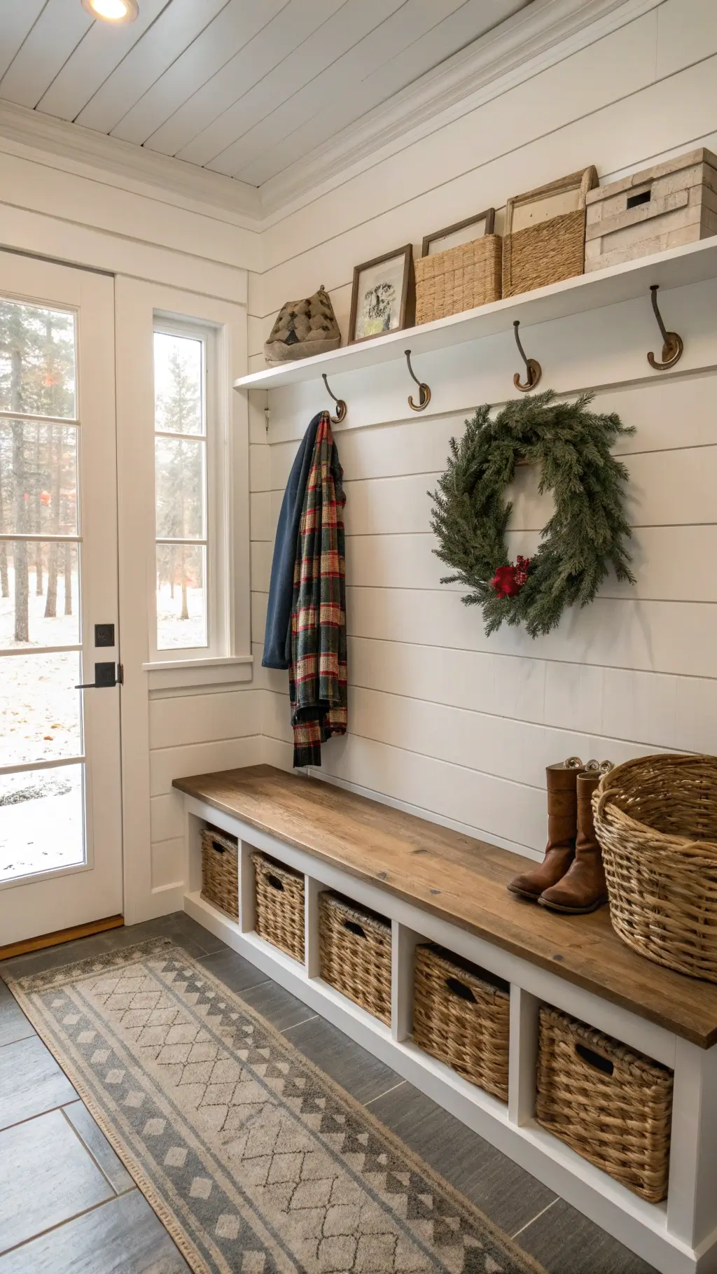 Mudroom with white shiplap walls, custom bench with bronze hooks, woven baskets, wooden crates for storage, pine wreath, and sliding barn door with frosted windowpanes at noon