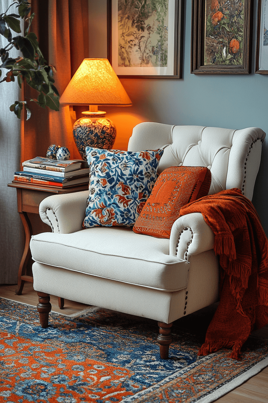 Cozy corner with warm cushions and lighting