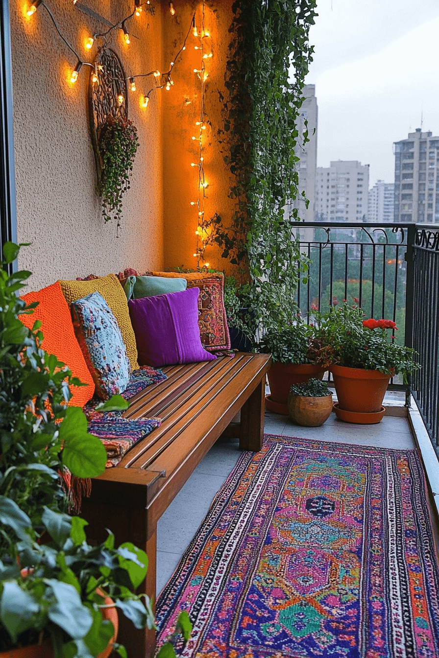 Vibrant textiles and wall art in small apartment