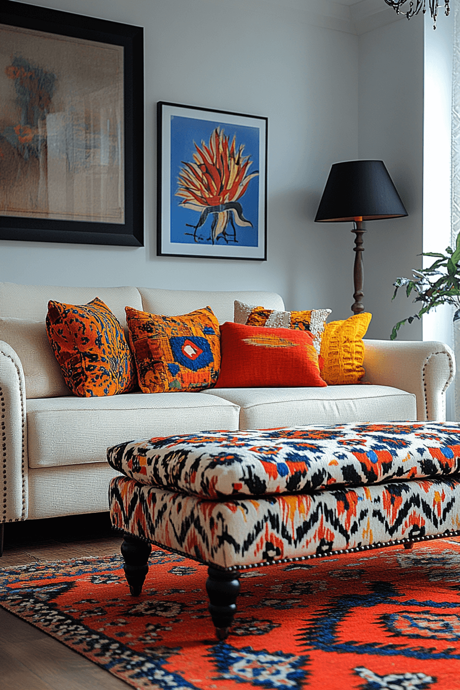 Colorful sofa as focal point in small apartment