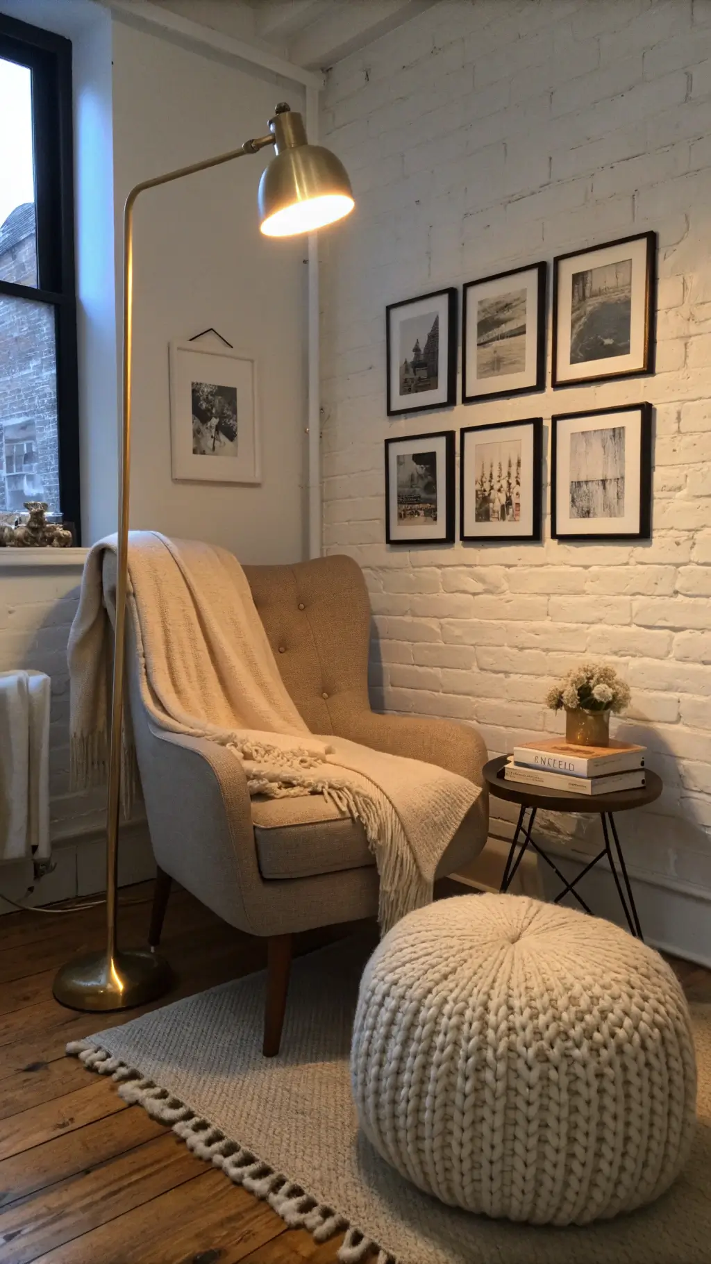 Cozy bedroom corner with linen armchair, cashmere throw, brass floor lamp, framed photographs on brick wall, and wool pouf at blue hour