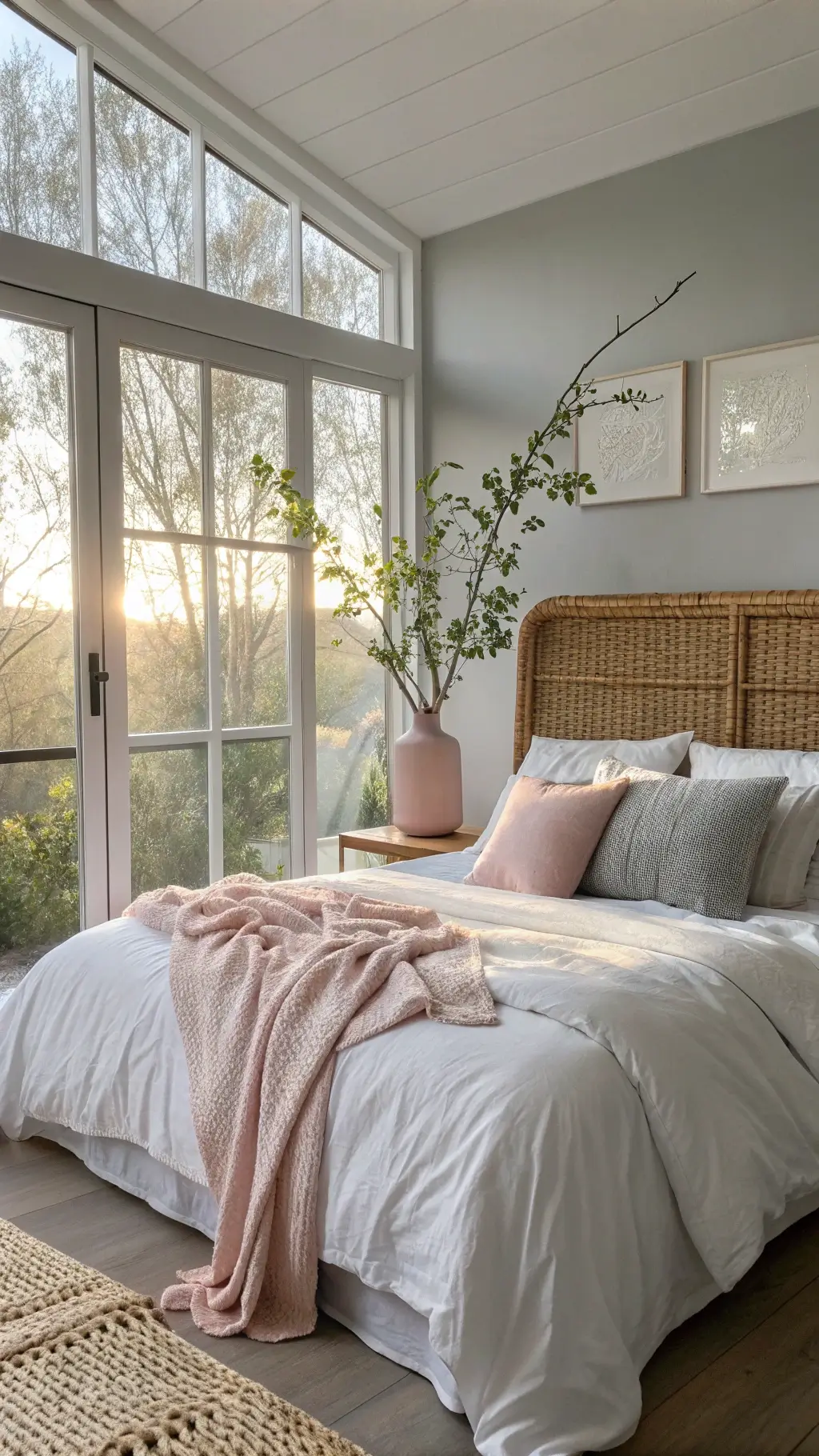 Bedroom bathed in dawn light with rumpled white sheets, blush linen duvet, textured cream and grey pillows on rattan headboard, eucalyptus branches in glass vase