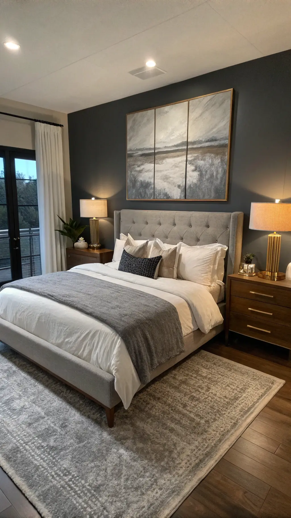 Dusk bedroom with California king bed against charcoal accent wall, layered ivory and pewter bedding, abstract art, walnut nightstands, cream lamps, and plush grey rug