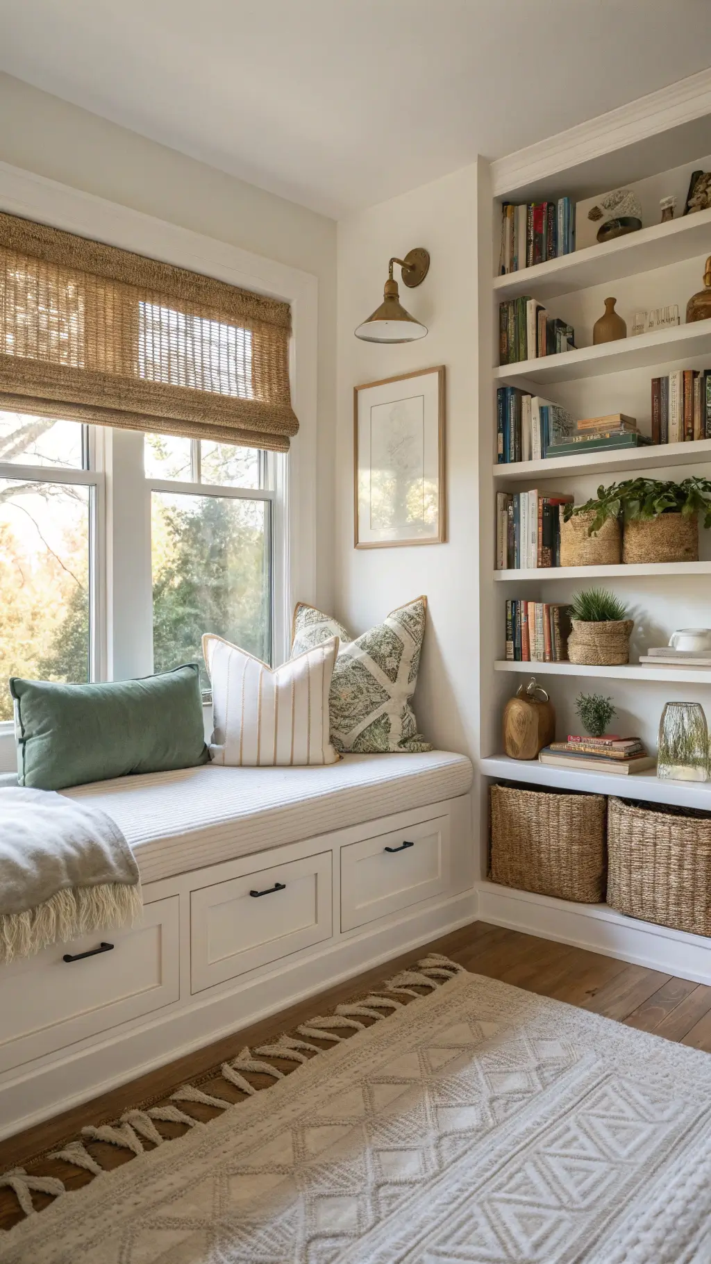 Bedroom corner with built-in window seat, sage and cream linen throw pillows, floating shelves with books and ceramics, woven roman shade, vintage kilim rug in golden hour light