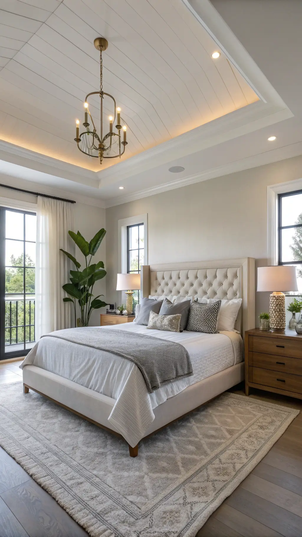 Modern master bedroom with ivory upholstered bed, grey and white bedding, brass sconces, fiddle leaf fig plant