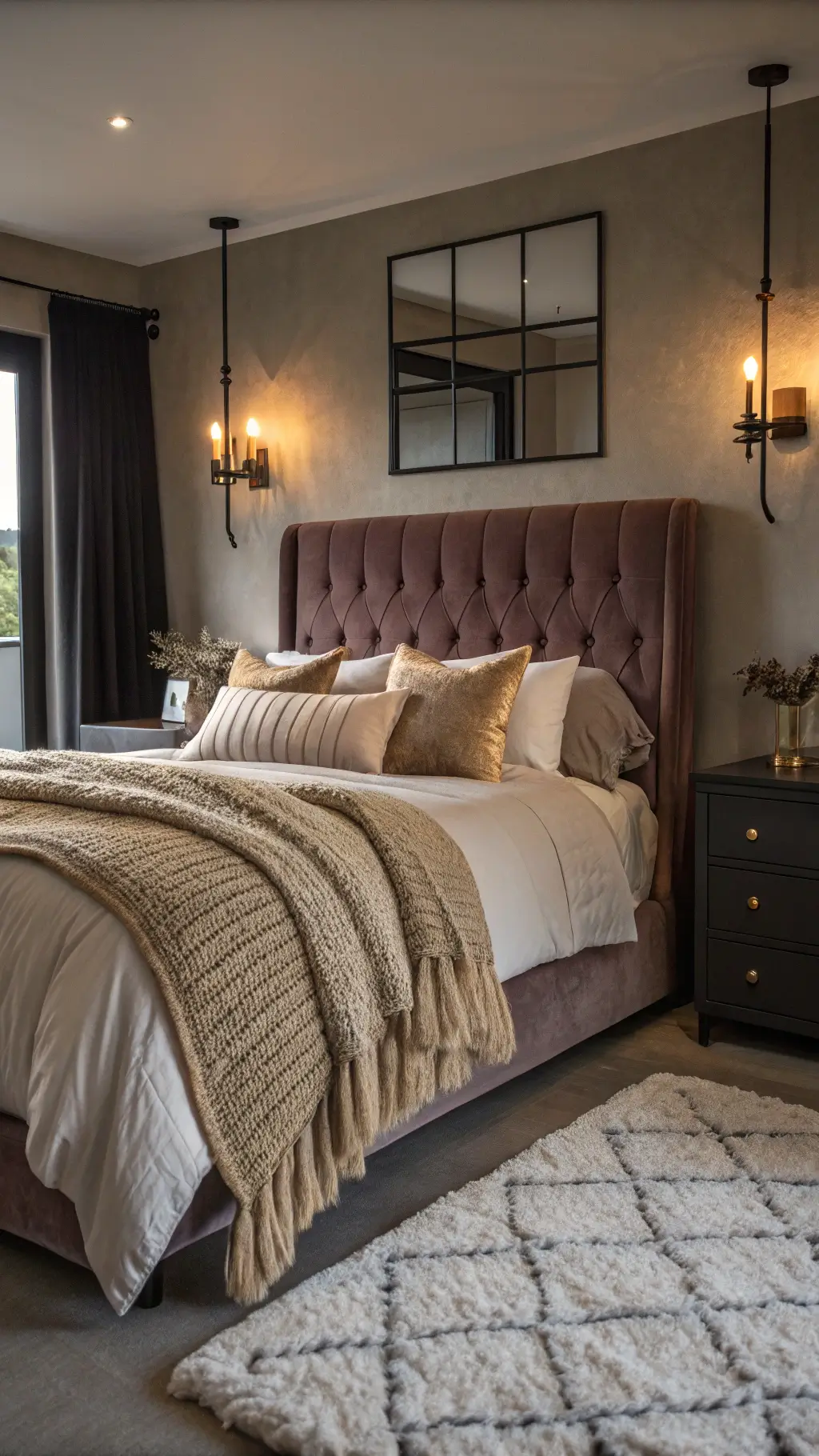 Twilight bedroom with taupe velvet headboard, warm white linen bedding, oatmeal knit throw, vintage brass mirror, black sconces, and sheepskin rug