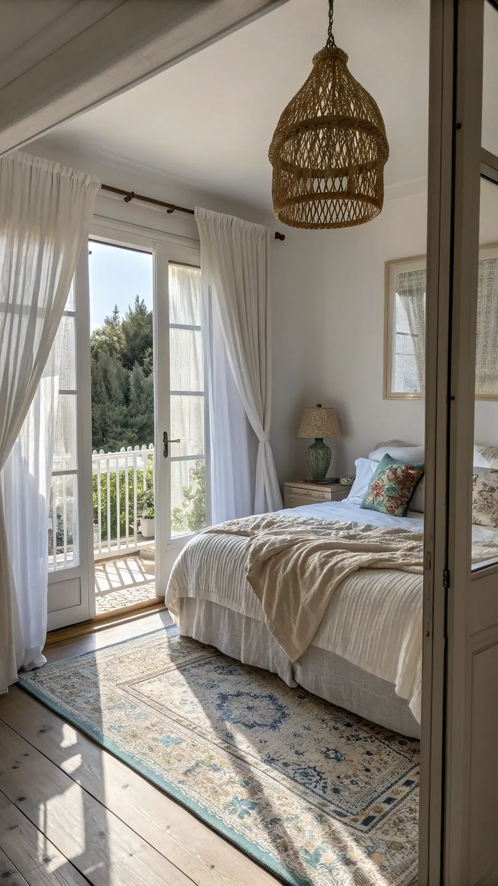 Morning-lit bedroom with billowing linen curtains, queen bed with white linens and vintage quilt, rattan pendant casting shadows on blue rug and pale wooden floor