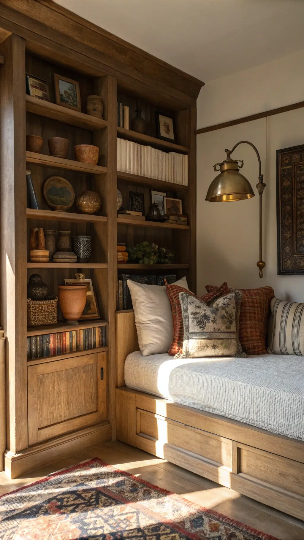 Cozy bedroom alcove with built-in bookshelf, upholstered daybed, vintage pillows, brass swing-arm lamp, and earth-toned pottery during golden hour