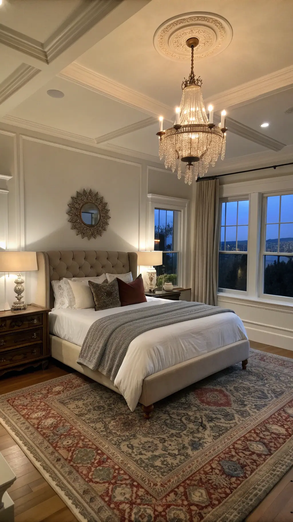 Elevated view of cozy master bedroom at dusk with architectural molding, king bed with hotel-white bedding, grey cashmere throw, vintage and modern elements, dimmed crystal chandelier, antique Persian rug