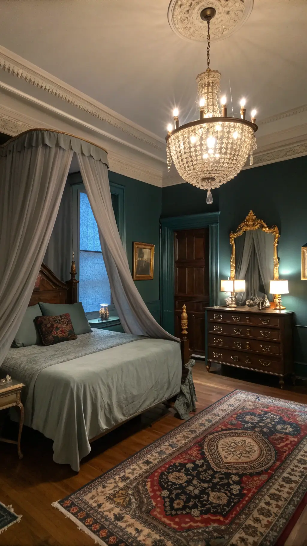 Vintage Victorian bedroom with dark teal walls, grey silk canopy bed, jewel-toned Persian rugs, and brass-framed mirrors reflecting lamplight from crystal chandelier.
