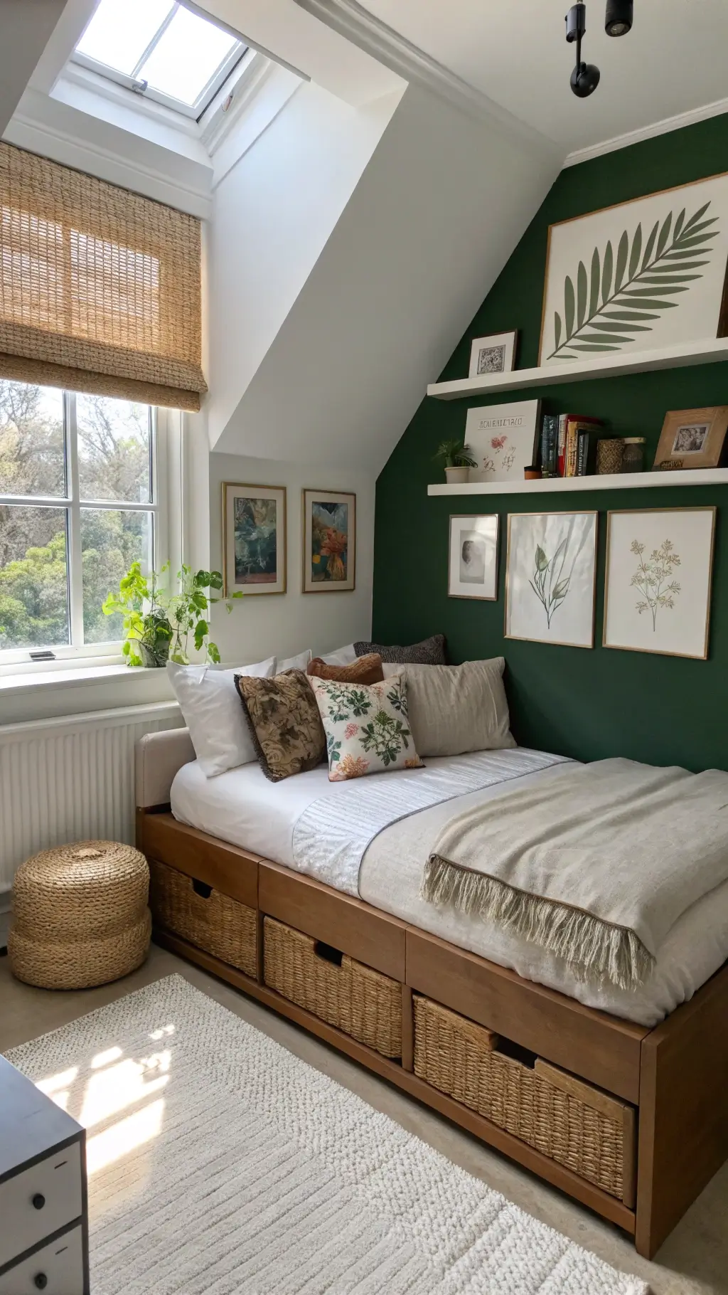 High angle view of urban 8x12ft bedroom with an afternoon light filters highlighting a multifunctional daybed, green accent wall with botanical prints, built-in corner shelves, and natural rattan elements, all brilliantly illuminated with bright, even lighting.