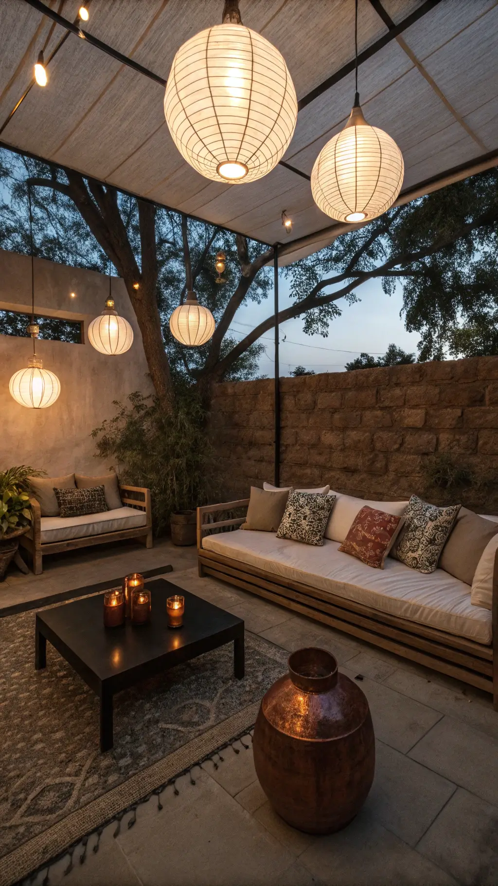 Cozy living space at dusk with paper lantern lighting, vintage teak sofa against textured clay walls, bamboo floor cushions, walnut side table, and copper vessel, emphasizing organic shadows and earthy hues.
