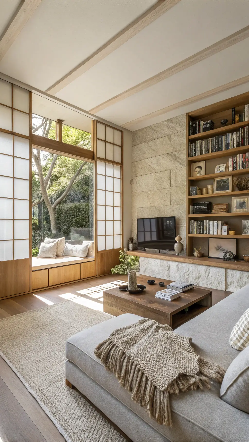 Minimalist living room bathed in morning light through rice paper screens, featuring built-in oak shelves with ceramics and books, low platform seating with an oatmeal wool throw, and a rough-hewn stone hearth in warm whites, pale woods, and gray tones.