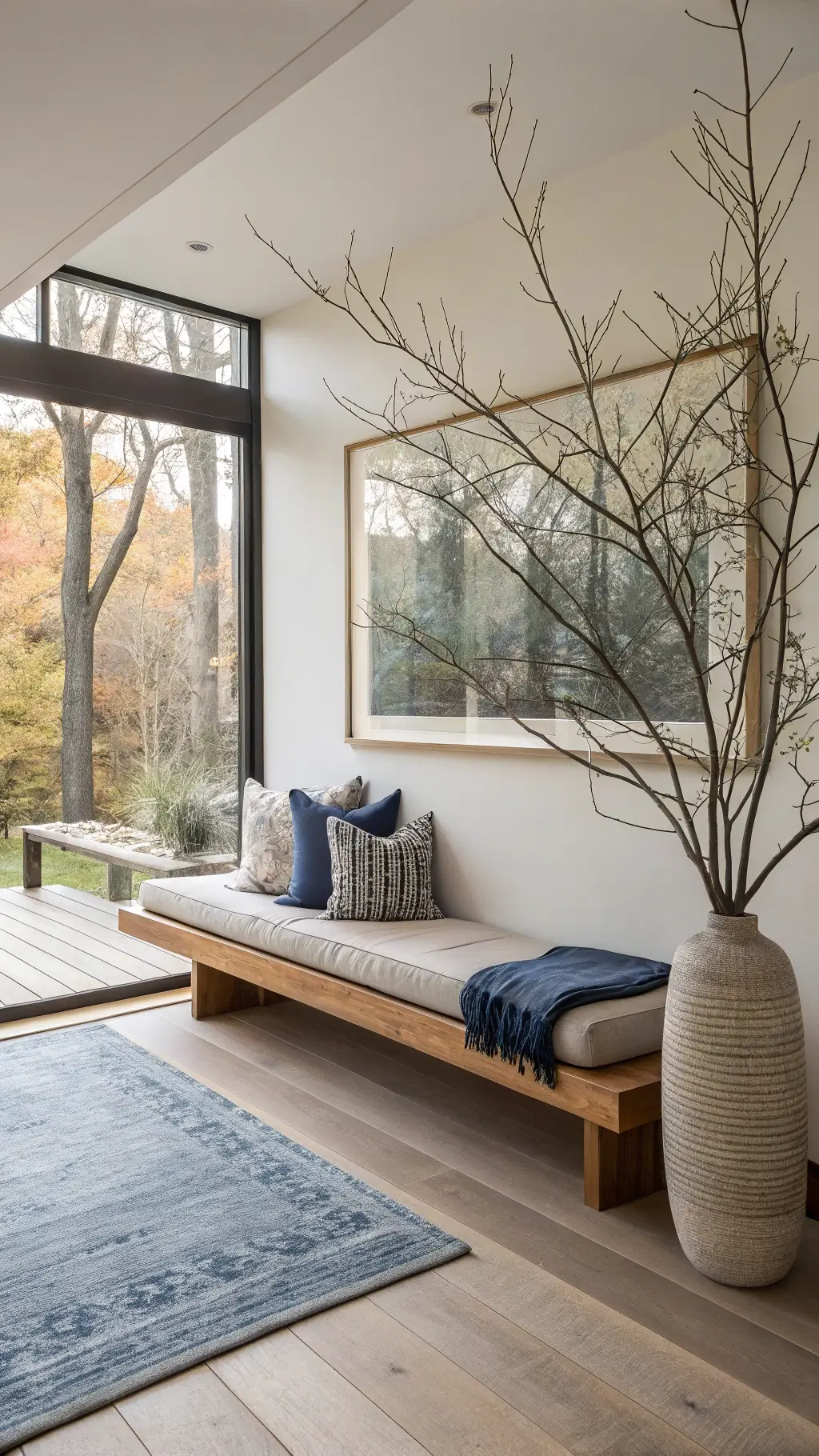 Spacious zen living room with wooden bench, large window, vintage indigo textiles, and dried branches in a tall ceramic vase, showcasing natural decor.