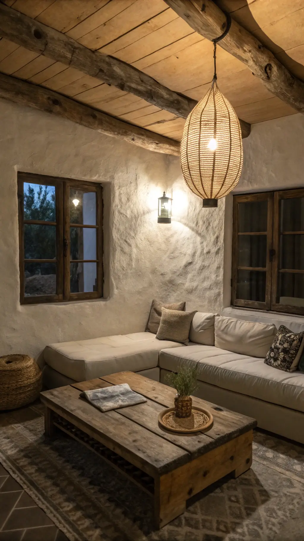 Twilight-lit intimate living area with a low-profile sectional, reclaimed timber coffee table, and hand-plastered wabi-sabi walls in a warm gray monochromatic palette.