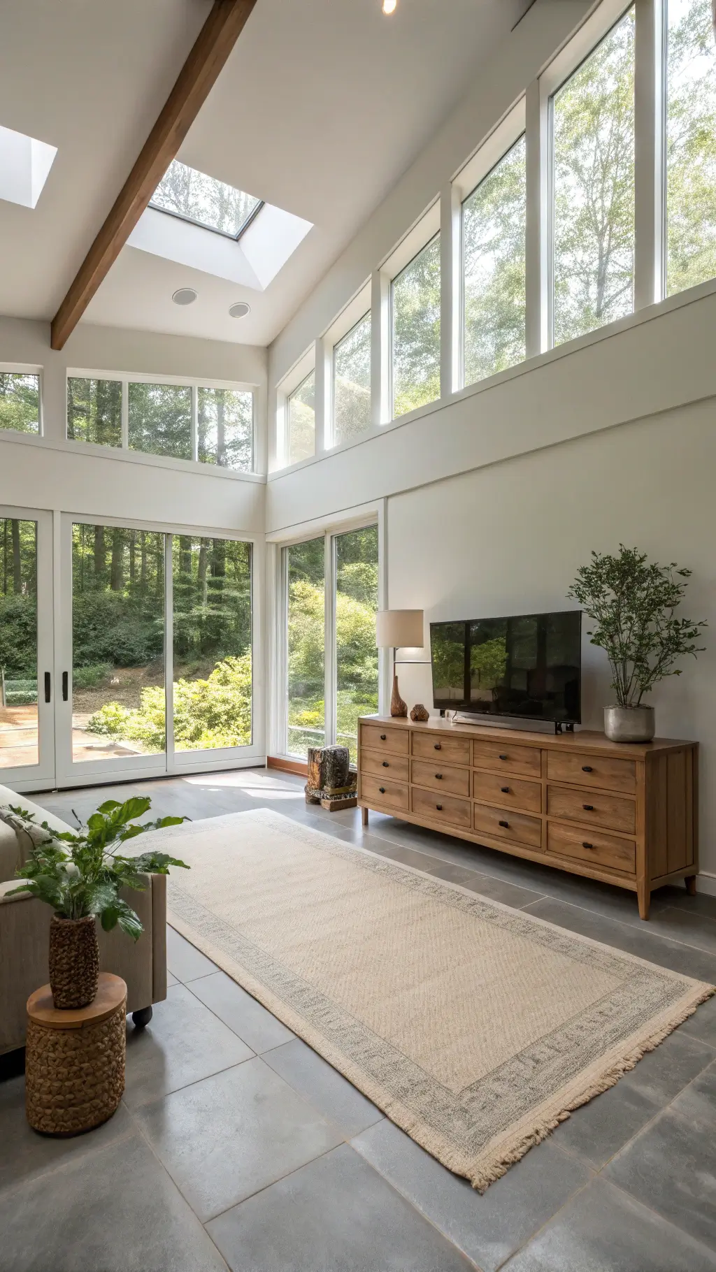 Airy minimalist great room at dawn featuring a repurposed vintage Japanese tansu chest as media console, high ceiling windows framing garden views, and clean, organic color palette inspired by nature.