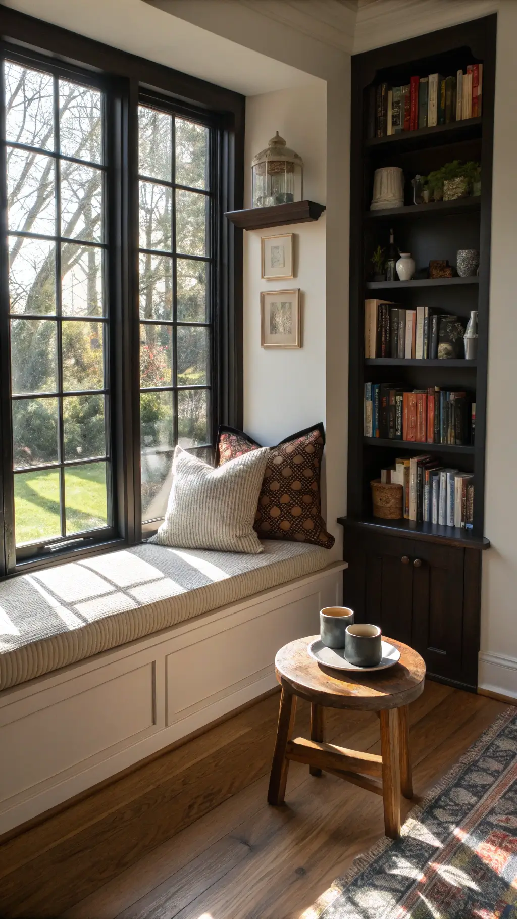 Cozy reading nook bathed in afternoon sunlight with linen cushioned window seat, floor-to-ceiling blackened oak bookshelf, and ceramic tea set on a weathered wooden stool, showcasing warm minimalist design with black architectural accents.