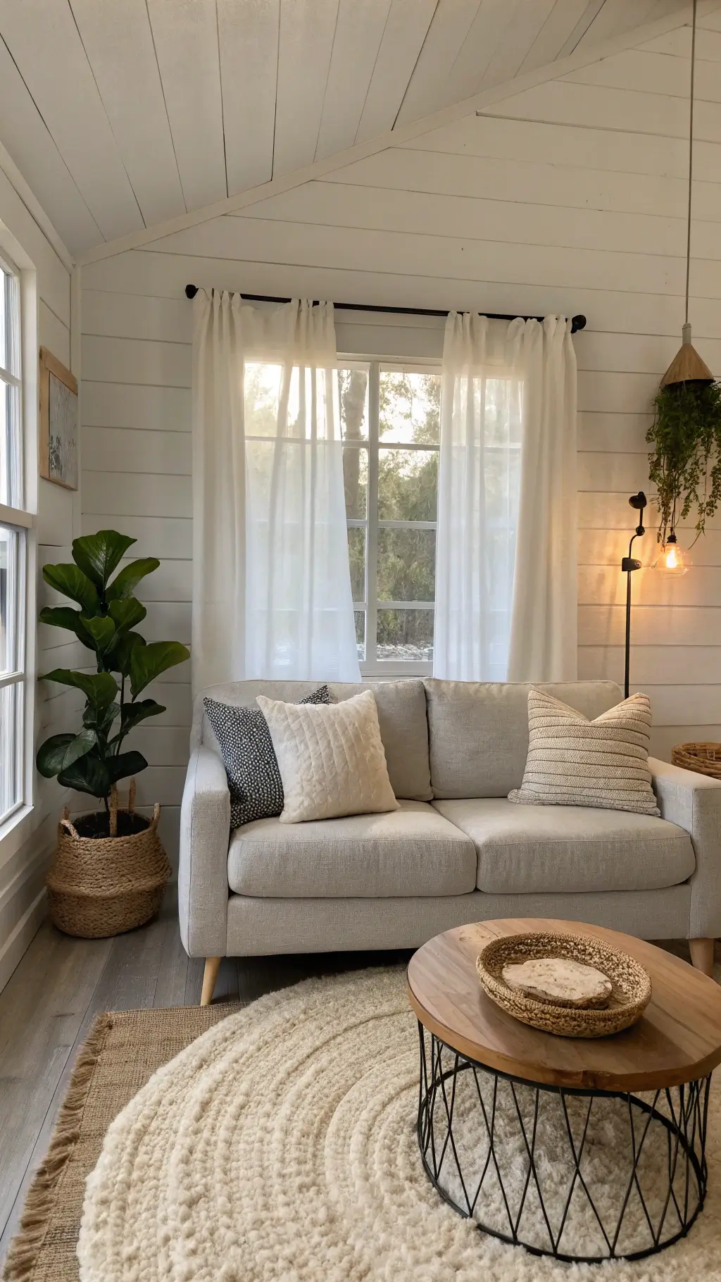 Scandinavian-inspired cozy living room with grey sofa, wooden coffee table, neutral pillows, and fiddle leaf fig under golden hour lighting