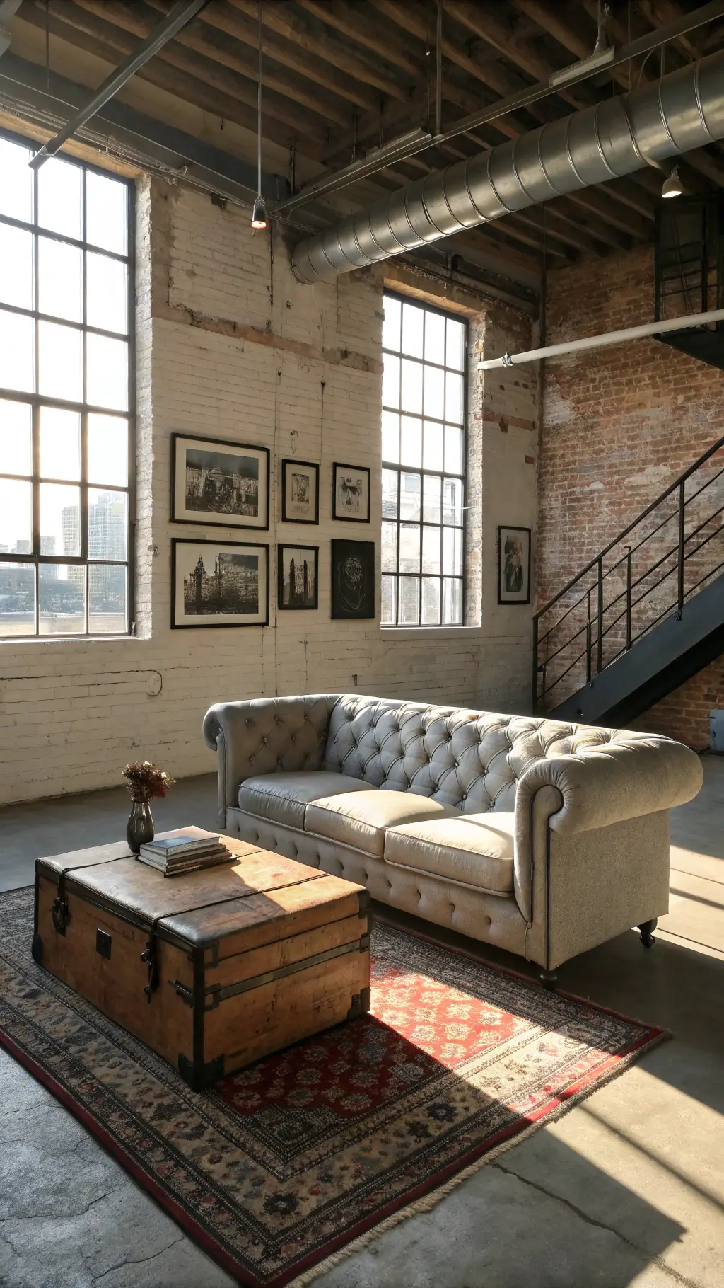 Industrial loft living area with exposed brick walls, concrete floors, and vintage elements under dramatic afternoon light, viewed from an elevated position.