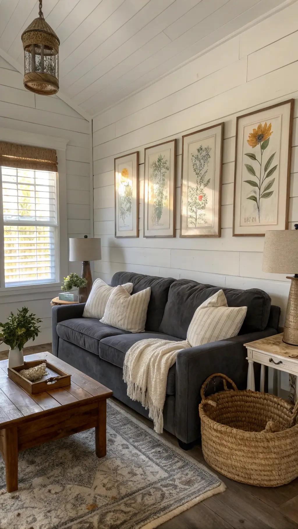 Cozy 14x16ft farmhouse-style living room with dark grey velvet sofa, rustic reclaimed wood coffee table, vintage botanical prints in brass frames, woven baskets, cream ceramic table lamps, and beige chunky knit throws, illuminated by mid-morning light through white wooden blinds and warm artificial lighting.