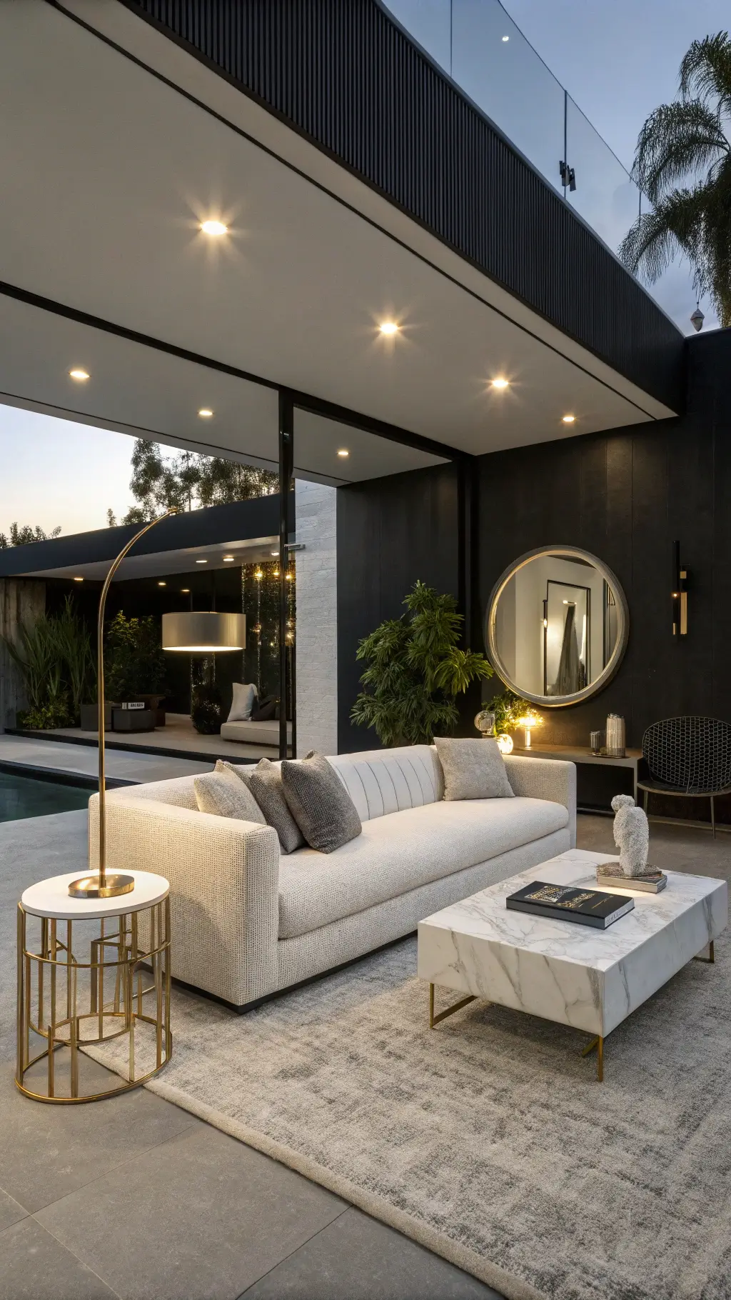 Modern open-concept living space with grey bouclé sofa, black accent wall, marble coffee table, acrylic side tables, and minimalist pottery under cool, artificial lighting.