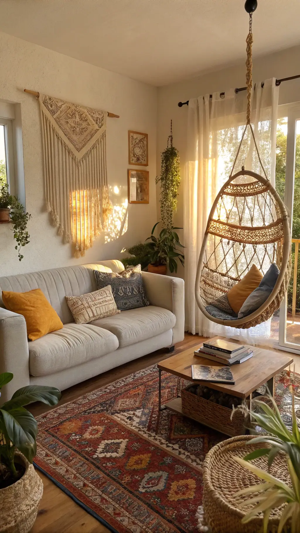 Bohemian styled living room featuring a grey linen sofa, rattan hanging chair, vintage Moroccan rugs, wooden coffee table with books and crystals, patterned pillows in rust, mustard, indigo, and decorative plants under golden afternoon light