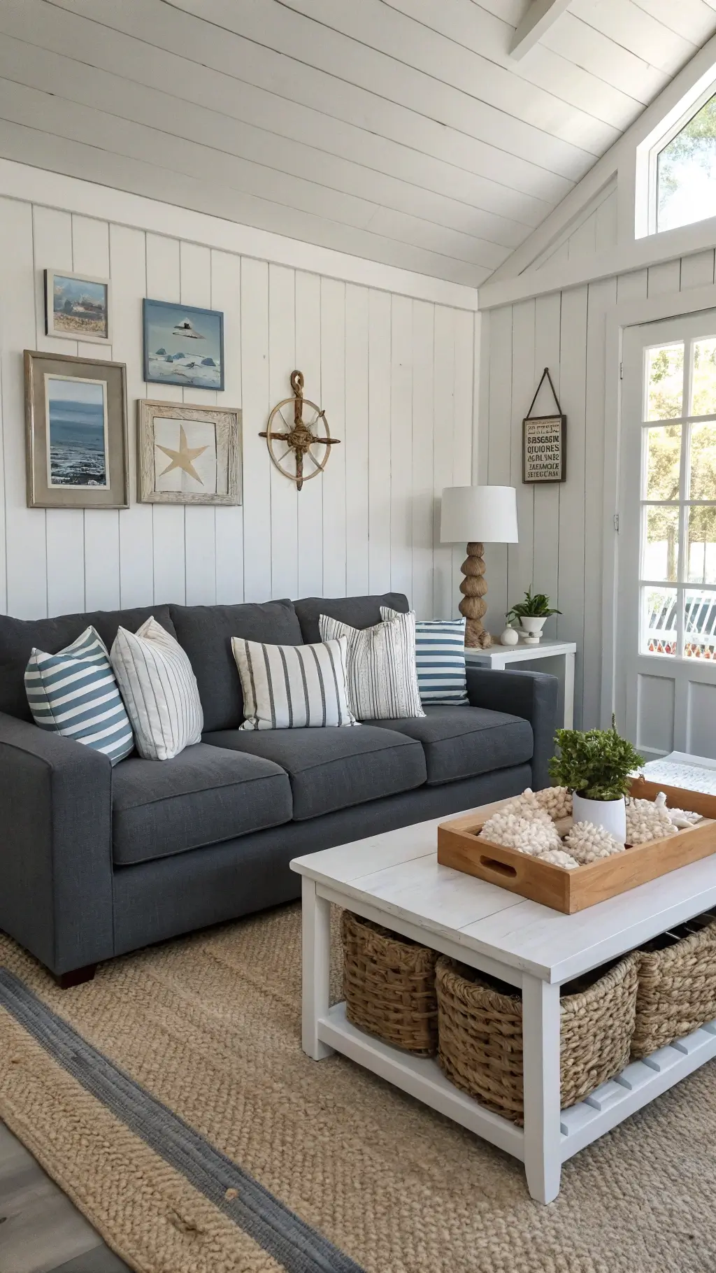 Coastal living room featuring slate grey sofa, blue and white striped pillows, natural fiber rug, white oak coffee table, and maritime art collection on white board and batten walls with collected shells and coral specimens.